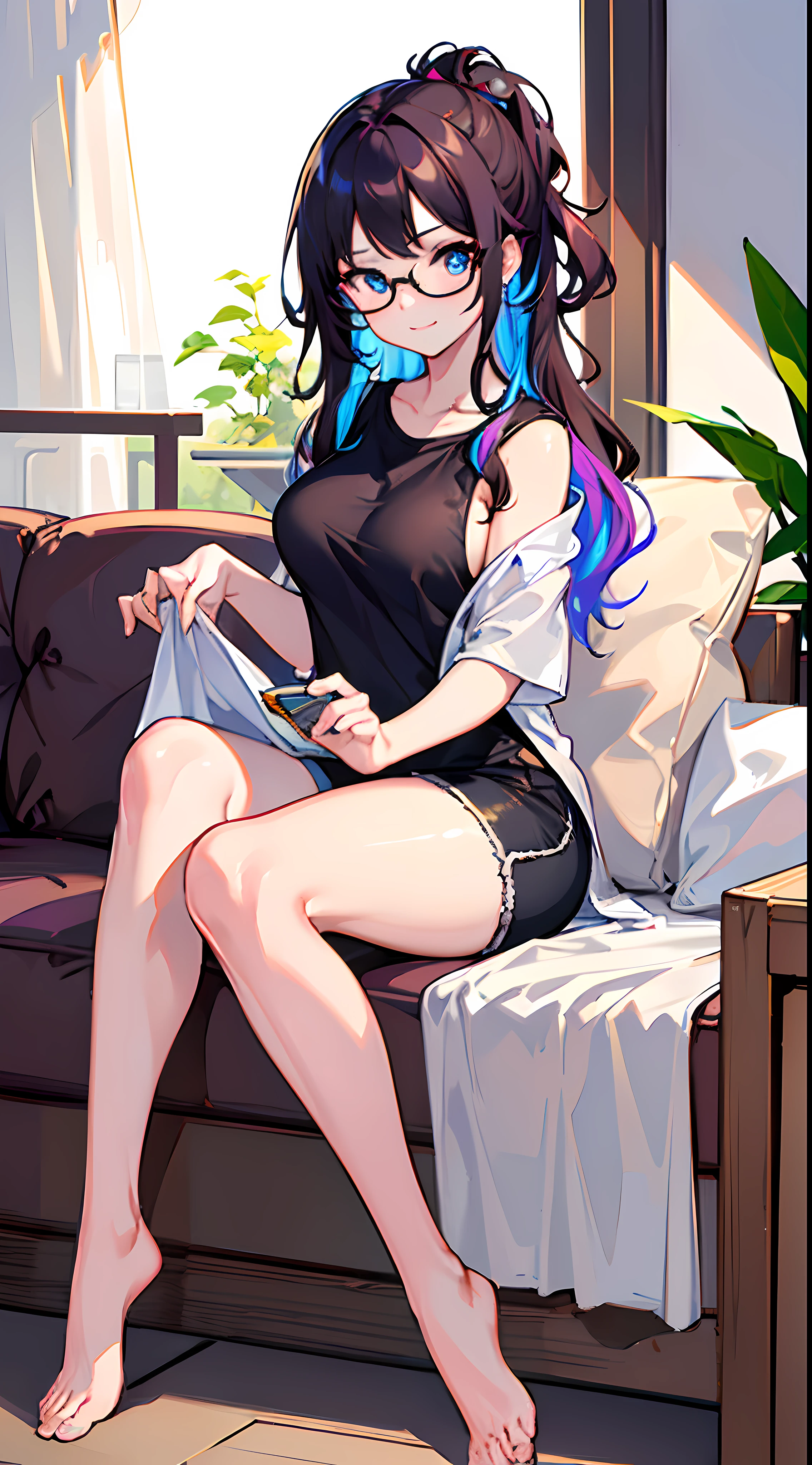 (masterpiece), best quality, expressive eyes, perfect face, 1girl, solo, (bokeh: 1.2) , (illustration: 1.1), (best eyes: 1.3), (scenery: 1.2), (sketch: 1.1), (colorful: 0.9), (depth of field: 0.75), (30 years old: 1.4), (milf: 1.3), (oneesan), glasses,
(detailed eyes: 1.4), (forehead: 1.5), curly (Dark Bronze) hair, sharp eyes, (waved hair), (blue eyes: 1.3), (multicolored hair: 1.2), chubby
(Intricate shirt: 1.4), (bare foot), (thick body), (casual: 1.2), (tall body), medium breast, ((thick tight)), (cute Tshirt: 1.2), shorts, quite fat,
looking_at_viewer, smirk, warm, morning, indoor, living room, calm light, dynamic camera, calling pose, full body