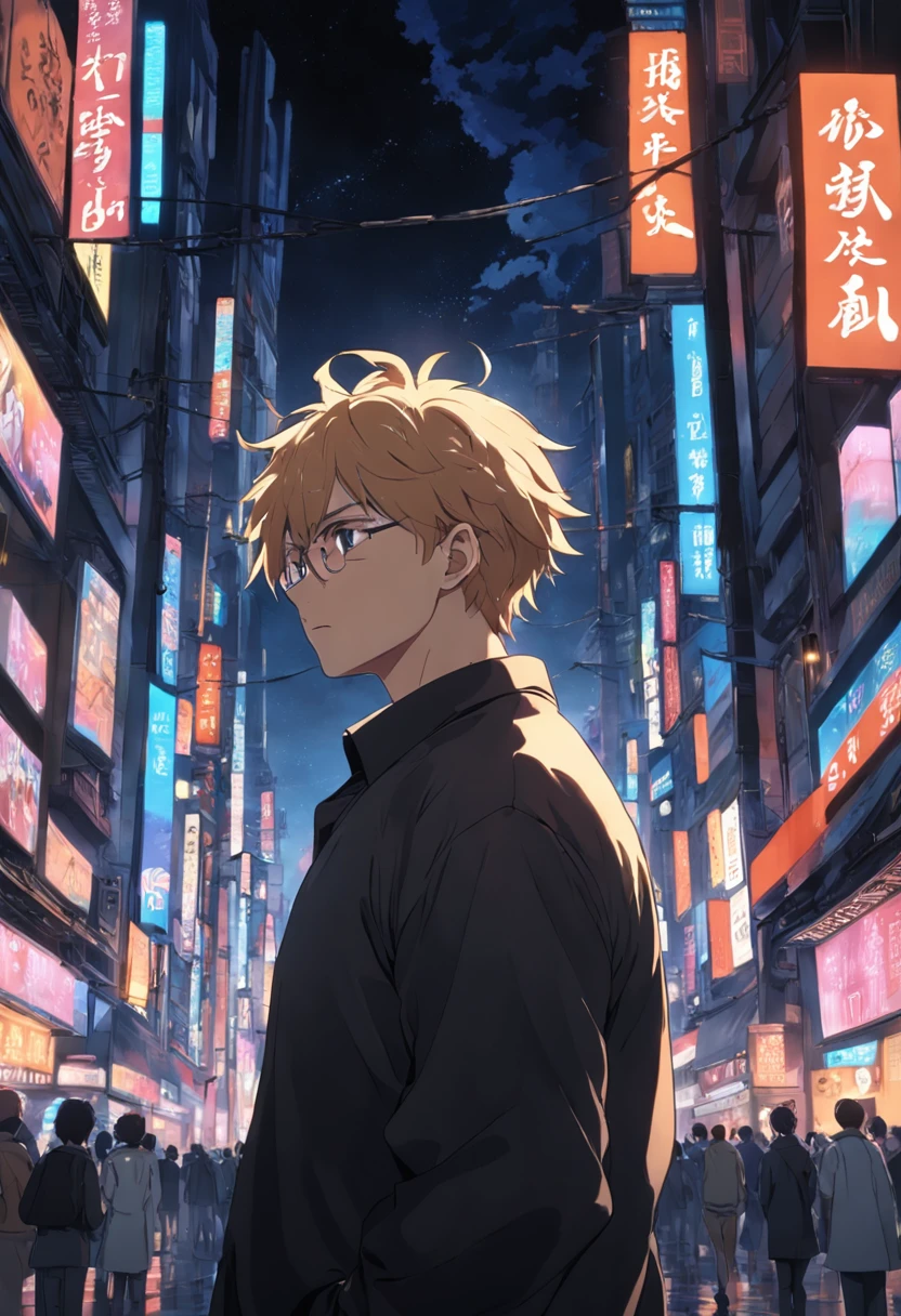 There was a man with glasses and a black shirt holding a cell phone, 8K search、harf、Empty and godless、Pondering。