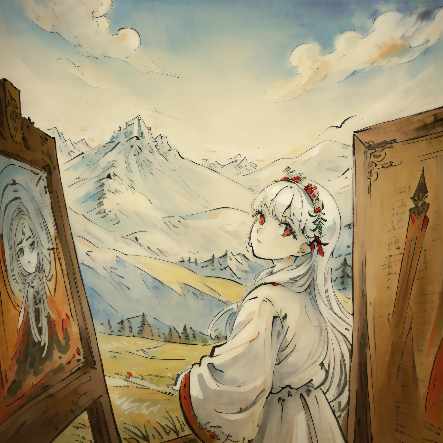 (highly detailed), ((masterpiece)),(Impasto), intricate, church painting,(((1 girl))) , painting frame, fantasy ,delicate grassland,sorceress,shepherd long white hair,red dragon eye,white dress ,(pretty face),beautiful detailed face,extremely delicate and beautiful girls,alps,evergreen coniferous forest ,clear sky ,wind ,beautiful sky ,cumulus