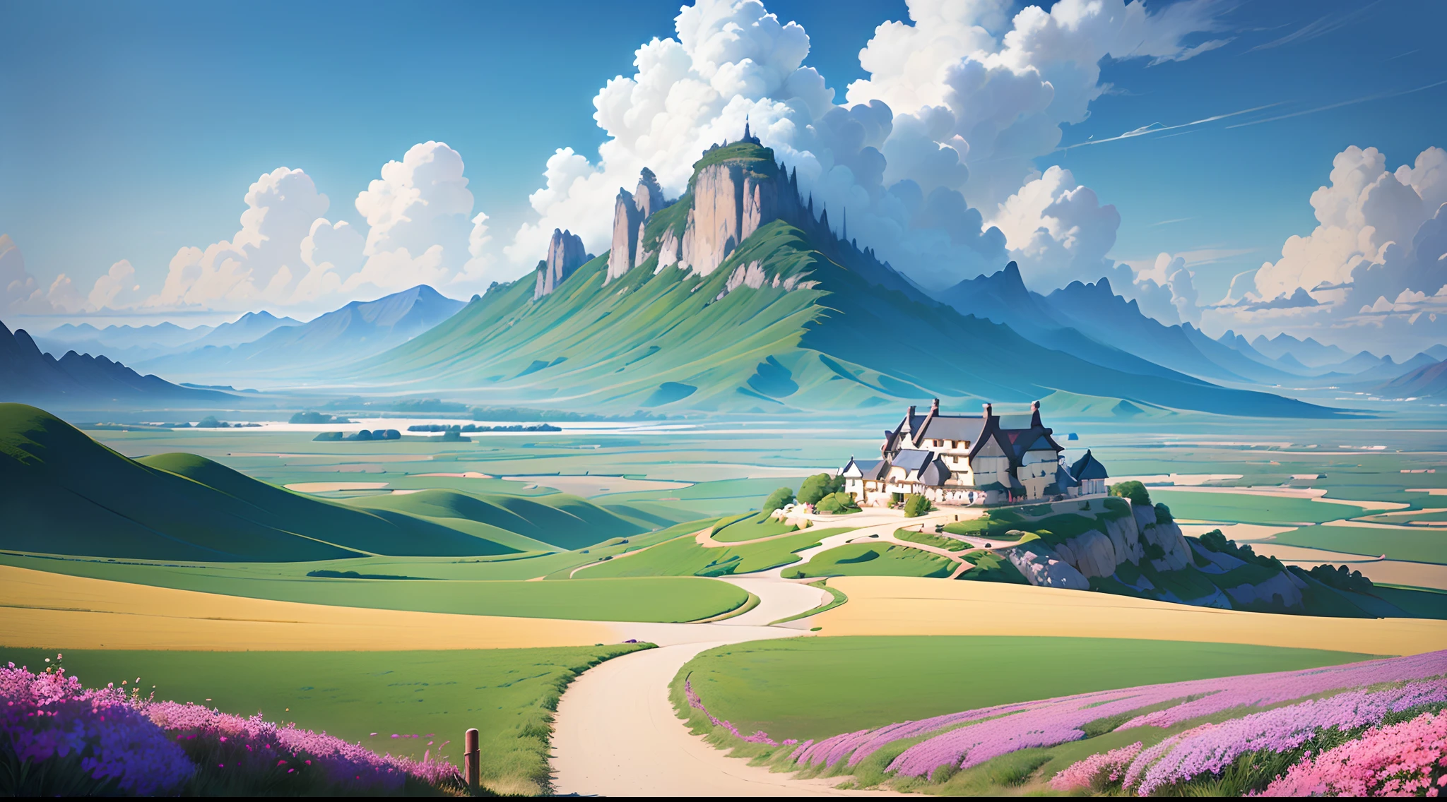 best qualtiy,tmasterpiece,超高分辨率,photorealestic,Realiy,Beautiful and amazing landscape oil painting Ghibli Studio Miyazaki petals steppe with blue sky and white clouds --v6