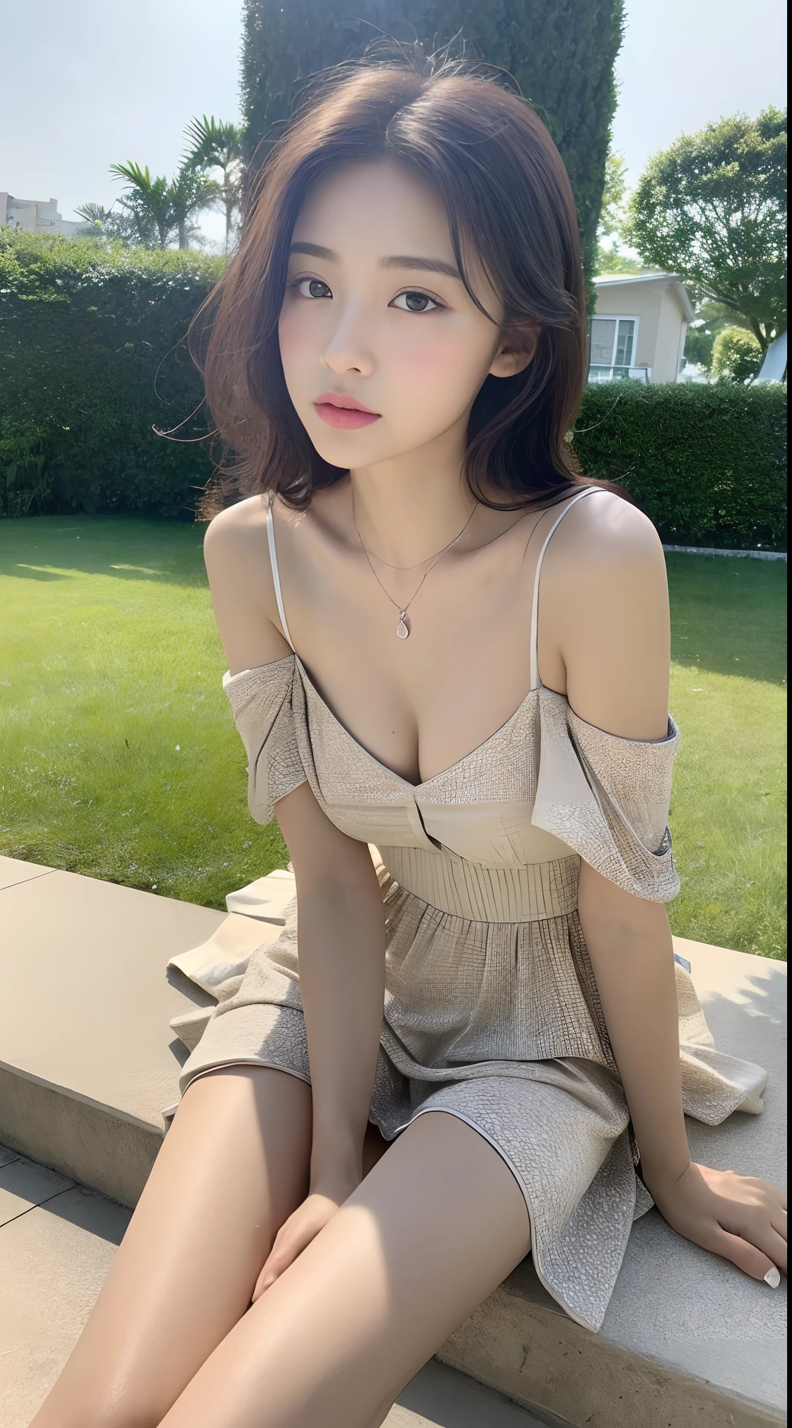 ((Realistic lighting、top-quality、8K、​masterpiece:1.3))、Clear focus:1.2、1girl in、perfectbodybeauty:1.4、Slim abs:1.1、(outside of house、during daytime:1.1)、Resort、Ultra Fine Face、Fine Eye、二重まぶた、curlyhair、Sunburned skin、small tits、tiny chest、Model body type、Sexy Summer Dresses、a necklace、A bracelet、耳Nipple Ring、sandal、beauty legs、Natural Model Pose、Small cleavage、off shoulders