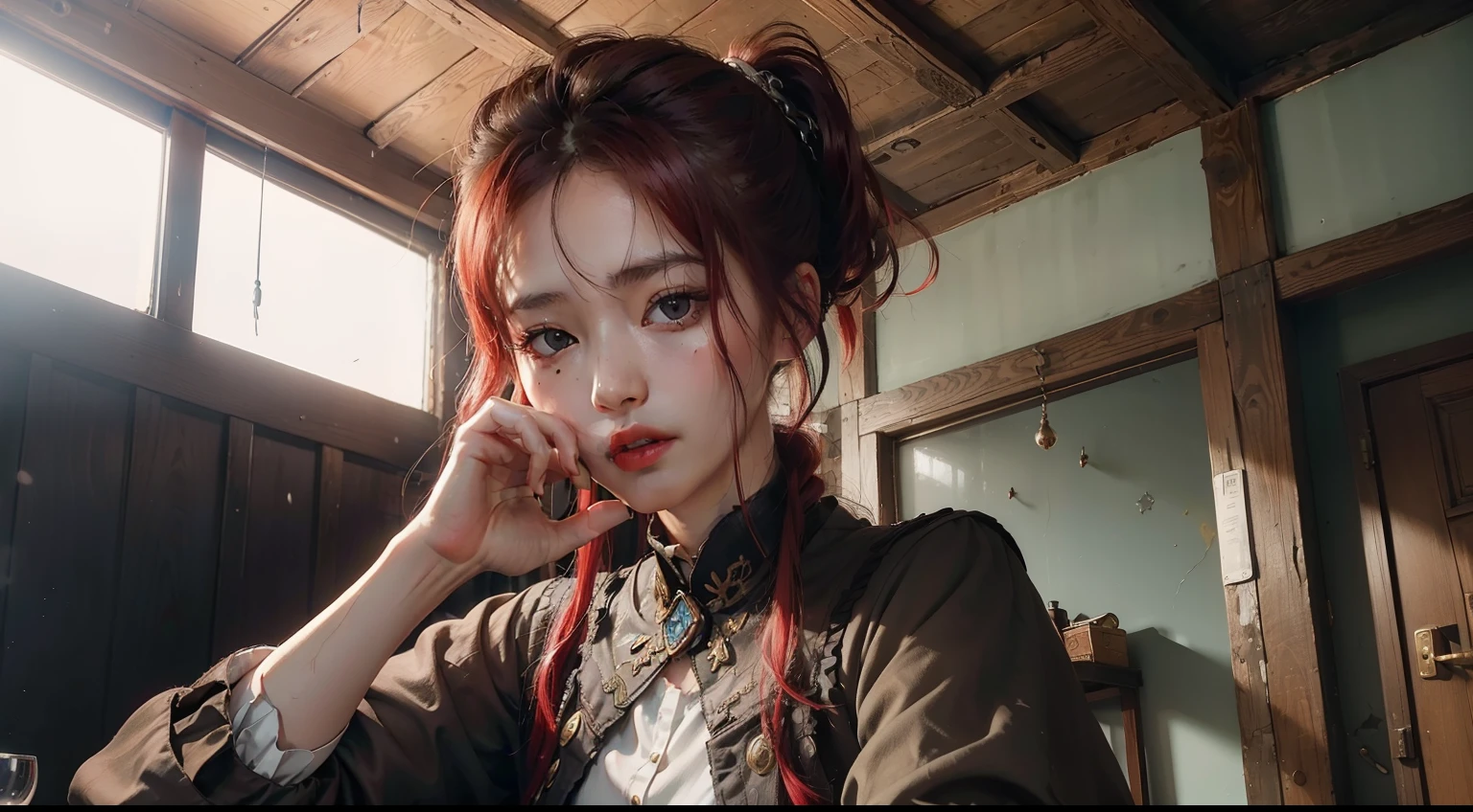 (realisitic,Photorealsitic:1.4),(1 Beauty:1.3),(beautiful countenance:1.5),Detailed shiny skin,A detailed eye,Precise hands and fingers,8K HDR, , masterpiece, (Dynamic angle footage),电影灯光, Finely drawn backgrounds,(steampunc,Decadent,Sci-fi,Mud, dust and dirt,Traces of war:1.2)Beautiful Koreans,Spring outfit,red hairs,choker necklace,Paris,Multi-tenant,Lifting a load,stick out your tongue,