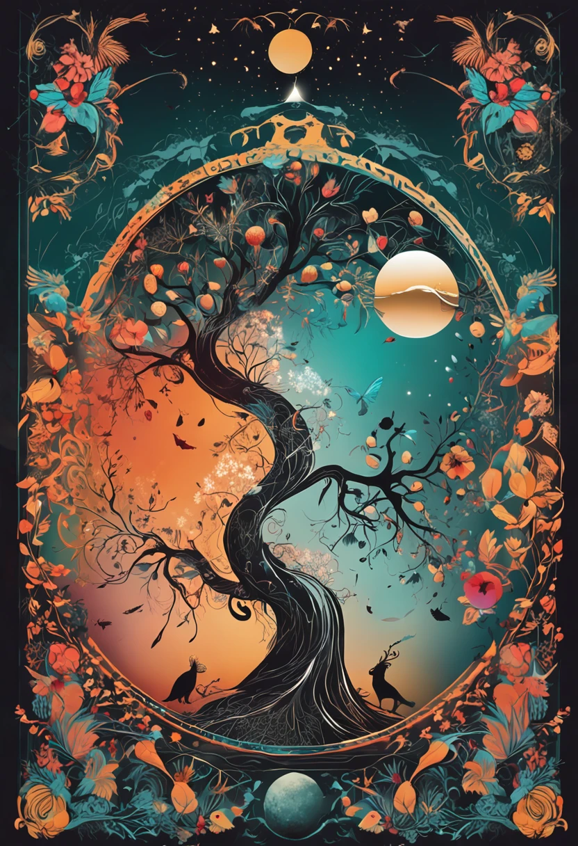 best qualtiy,daynight, yin yang, yinyang shaped, Central symmetry, representing the 4 seasons, in harmony with nature, harmony of nature,, Excellent digital art with rich details
