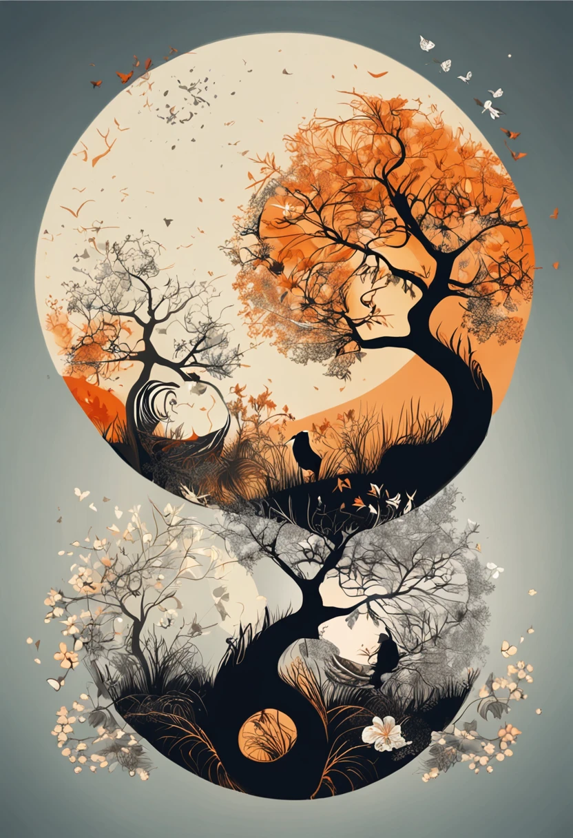 best qualtiy,daynight, yin yang, yinyang shaped, Central symmetry, representing the 4 seasons, in harmony with nature, harmony of nature,, Excellent digital art with rich details