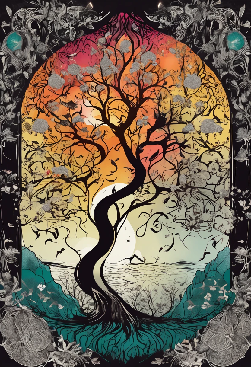 best qualtiy，daynight, yin yang, yinyang shaped, Central symmetry, representing the 4 seasons, in harmony with nature, harmony of nature,, Excellent digital art with rich details