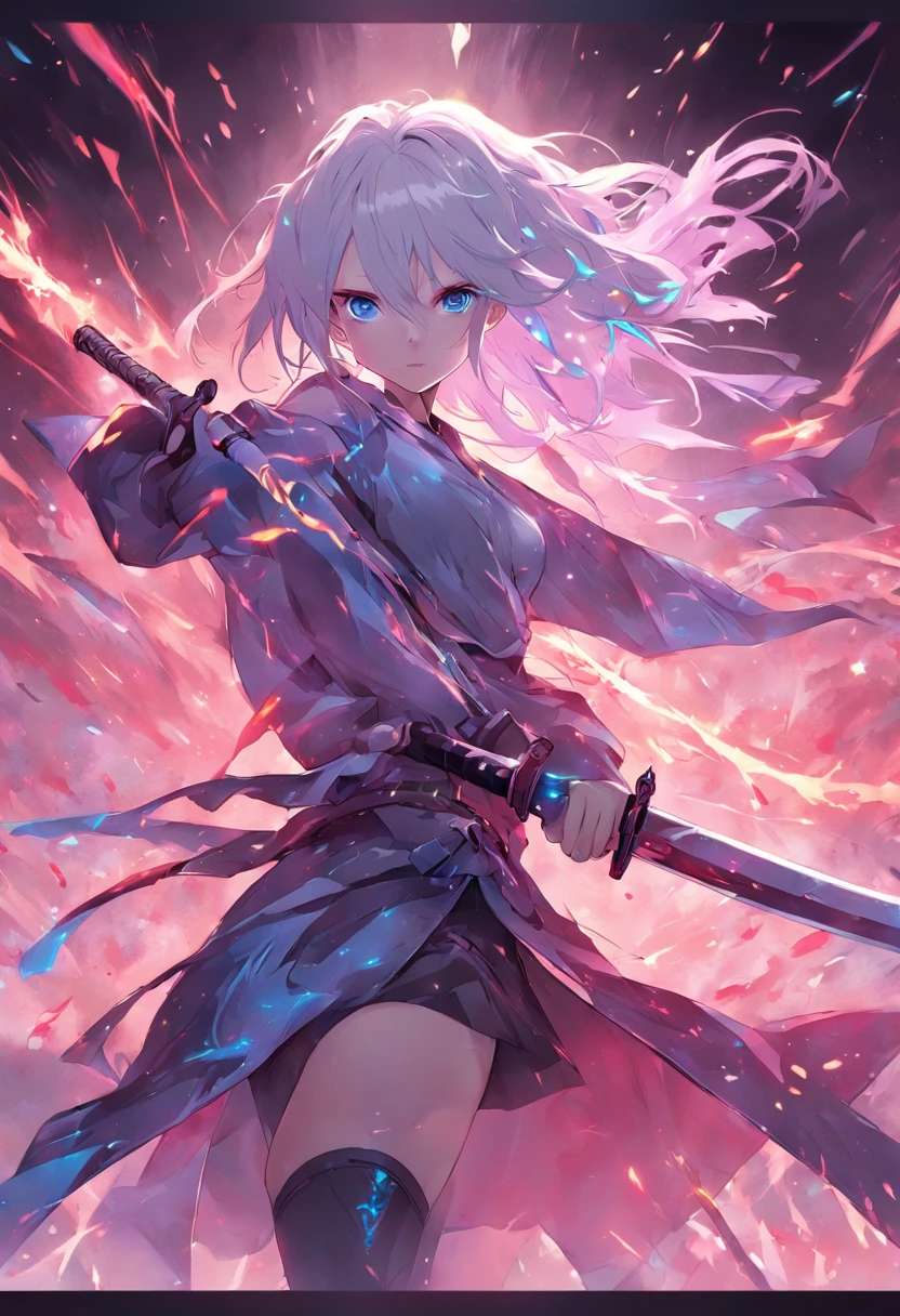colorful, 1girl, white hair, purple eyes, dual wielding, sword, holding sword, blue flames, glow, glowing weapon, action pose, light particles, wallpaper, chromatic aberration, colored hair, fantasy, marvel, absolutely stunning art, art of the highest quality, highest resolution, hyper detailed, black and red