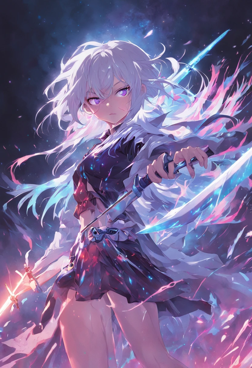 colorful, 1girl, white hair, purple eyes, dual wielding, sword, holding sword, blue flames, glow, glowing weapon, action pose, light particles, wallpaper, chromatic aberration, colored hair, fantasy, marvel, absolutely stunning art, art of the highest quality, highest resolution, hyper detailed, black and red
