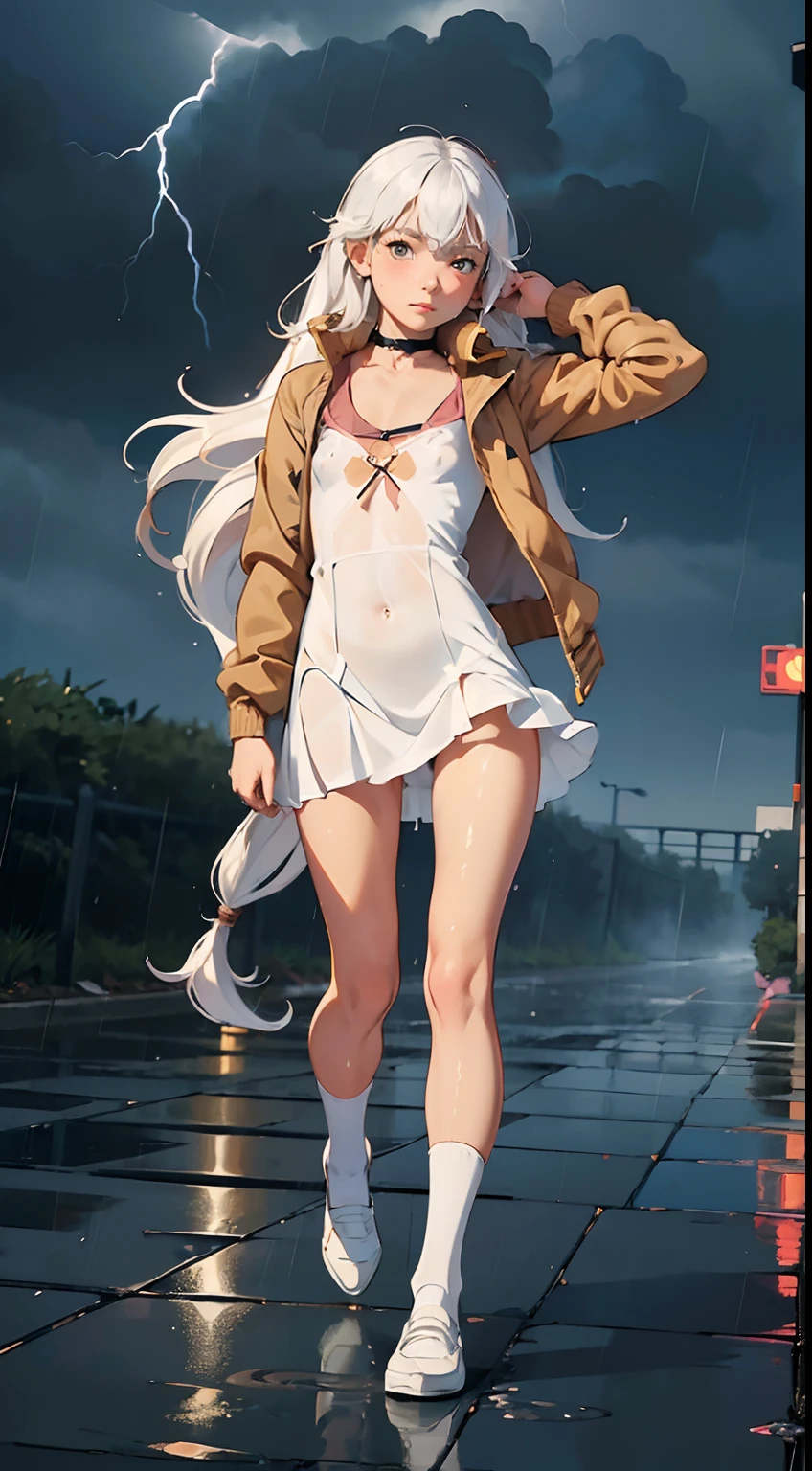 (masterpiece, 4k ,ultra detailed:1.2),(beautiful face:1.2),(anime:1.2),illustration,(solo:1.2),(looking at viewer:1.4),portrait,(supermodel:1.3),(school uniform:1.4),(rider jacket:1.3),(white hair),,(absurdly long hair:1.5),(simple choker:1.1),(white panties),(very big headphones),(string,abs,bouquet,child,small breasts,petite:1.1),(sfw,nipple,flat chest,dress:1.5),(cinematic angle),(full body:1.2),(Camel toe:1.3),(heavy rain:1.2),(wet body),(wet hair),(strong wind:1.3),(roaring thunder:1.2)