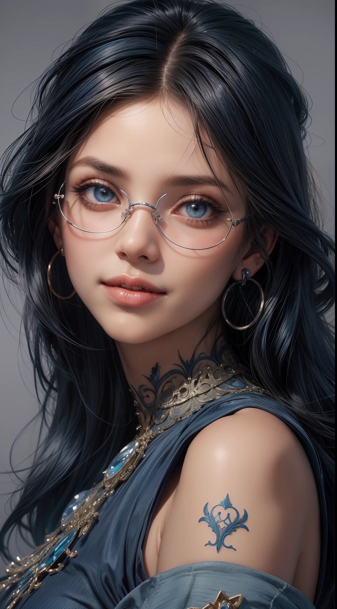 1close up de um garota ,cabelo curto cacheado ruivo, sorrindo,com tatuagens no rosto, fleshy lips,sardas no rosto ,batom vermelho,Pirataria, brinco, glasses and makeup, Angle of the face up close