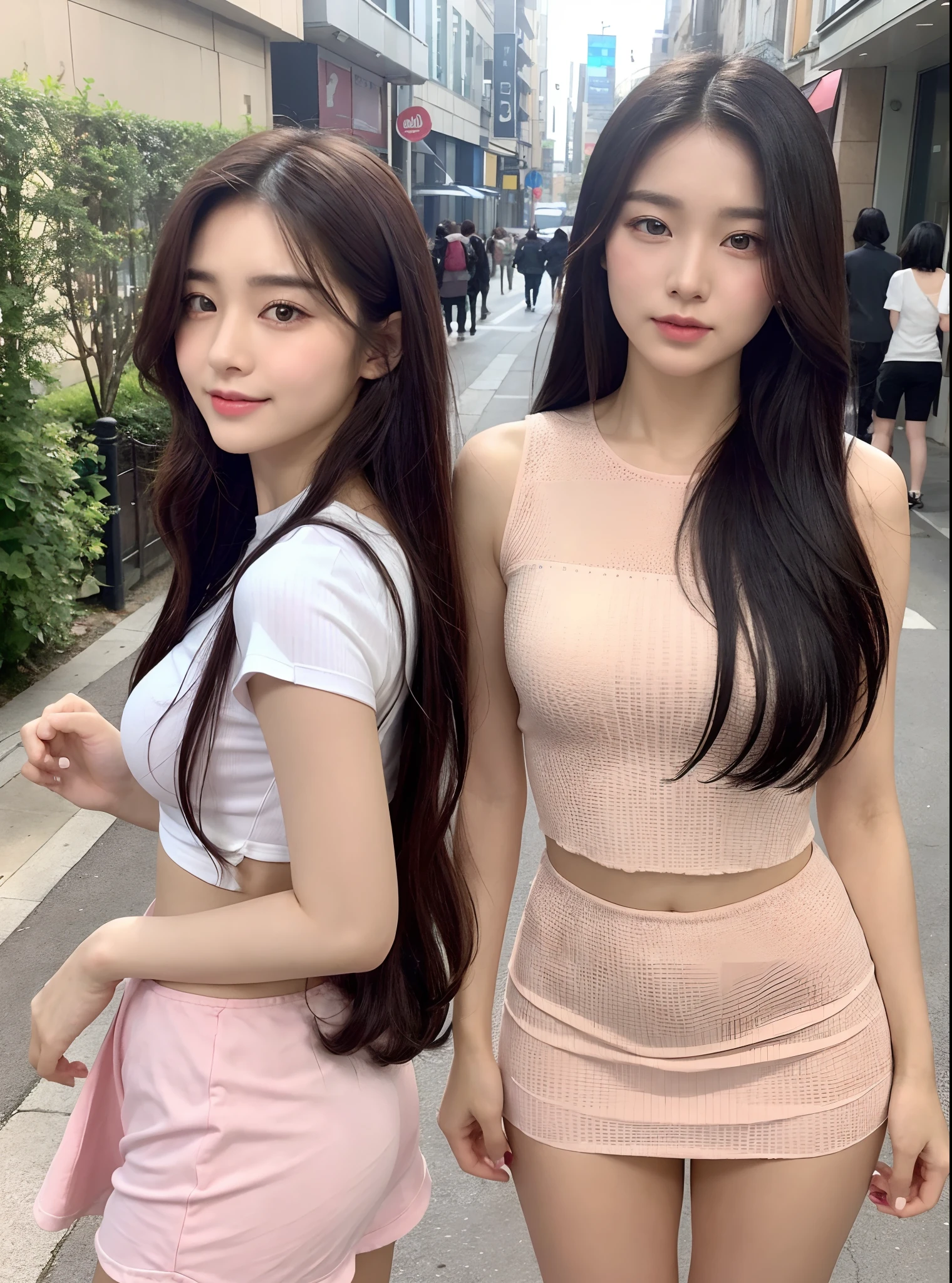 (8k, Best Quality, Masterpiece:1.2), (Realistic, Photorealistic:1.37), Ultra Detailed, Beautiful Detailed Image, City Street, Sunny Sky, Big Breasts, Beautiful Fine Eyes, Long Hair, Floating Hair, Cute, Smile, Back Appearance, Beautiful Woman Looking Back,Full Body,Beautiful Legs,Two Beautiful Office Ladies,Very Fine Face and Skin Texture,Sleeveless White Shirt, Black tight mini skirt, ulzzang-6500-v1.1,
