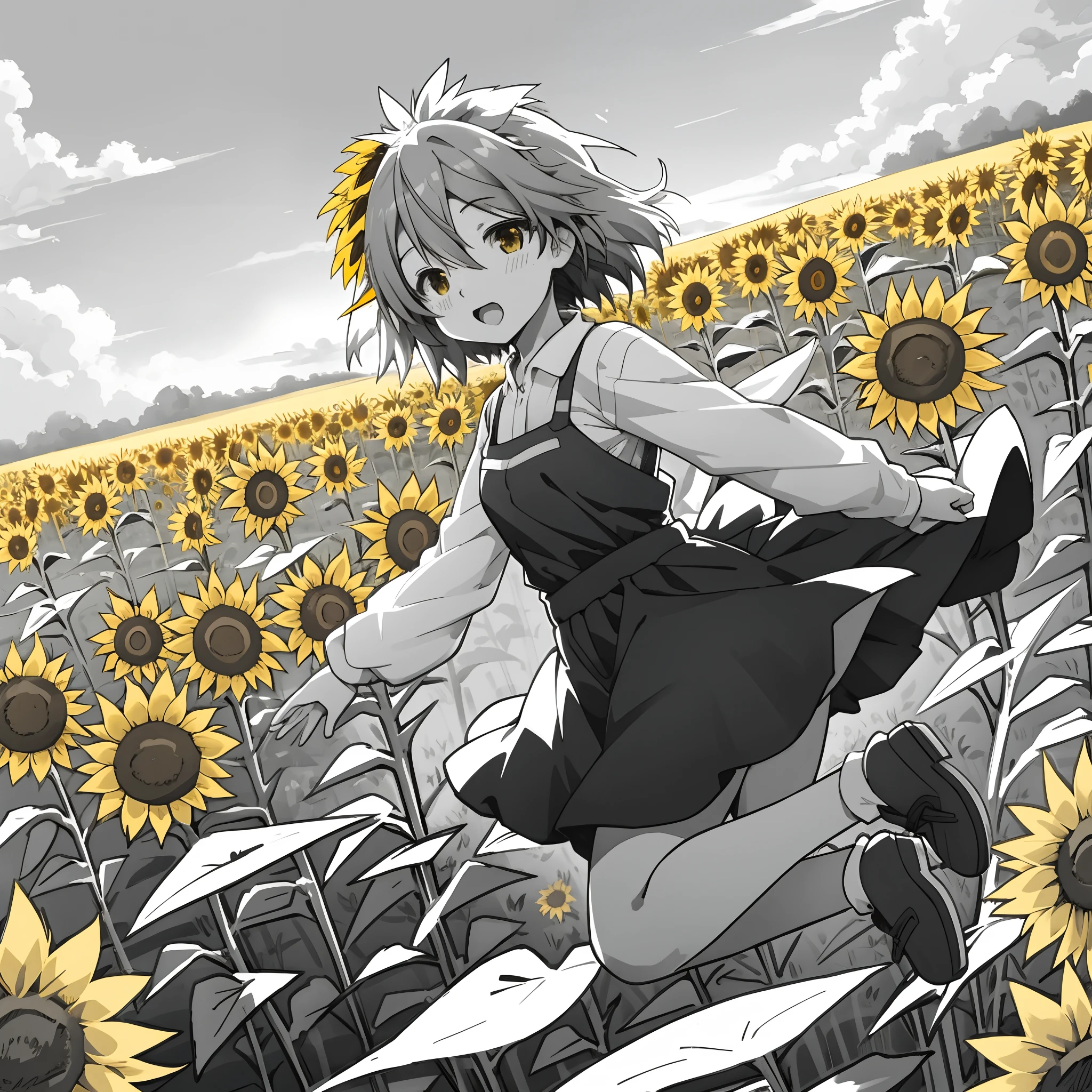 anime girl jumping, perfect anatomy(yellow sunflower field)fantasy art, grayscale phtoto, beautiful anime art style, high quality anime art, high quality anime artstyle, at pixiv, dynamic angle,