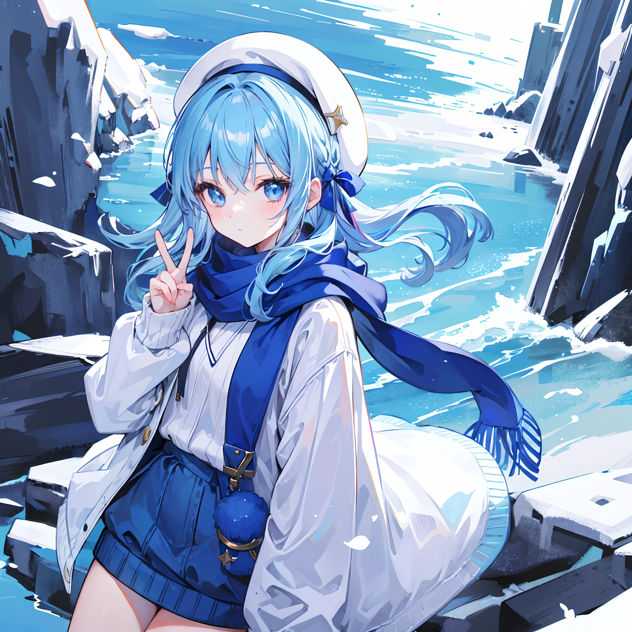 1girl,light blue hair,blue eyes,hair ribbon,blue scarf,beret,sweater,winter,looking at viewer,peace sign