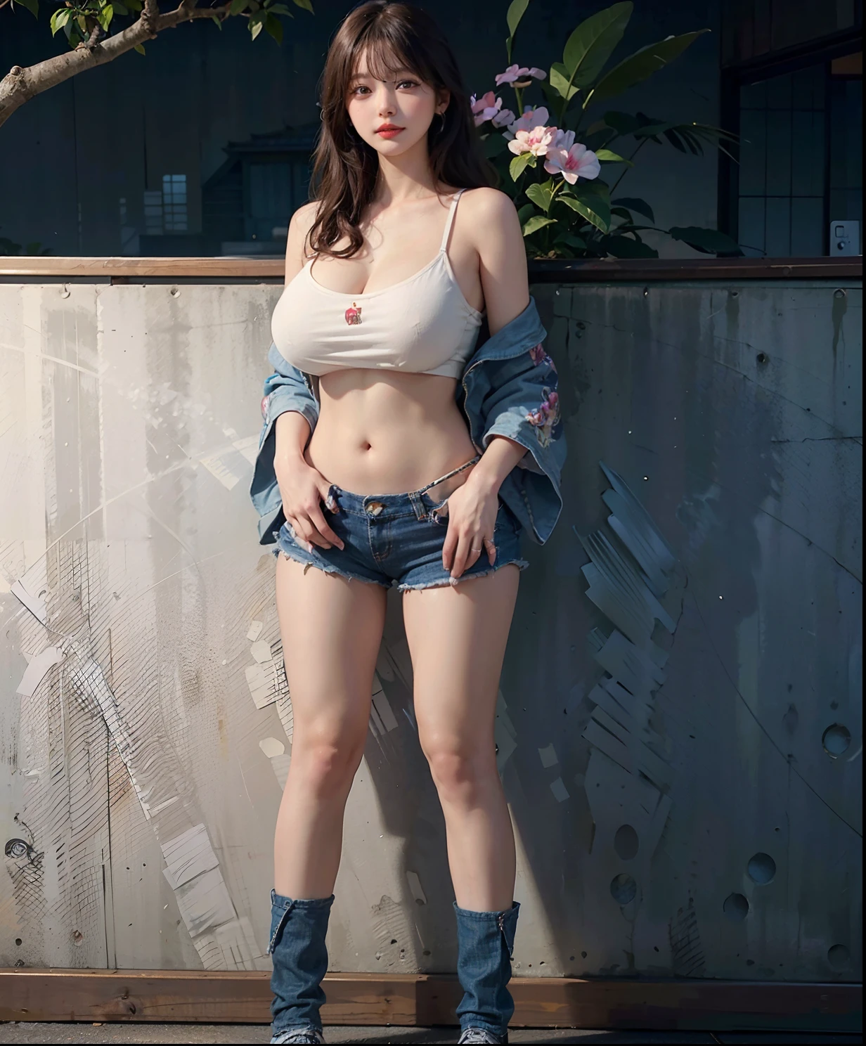 (A hyper-realistic), (illustratio), (hight resolution), (8K), (ighly detailed), (The best illustrations), (Beautiful detailed eyes), (top-quality), (ultra-detailliert), (masterpiece), (wall-paper), (详细的脸), seducting smile、shoulder length wave hair, Earrings with bangs、独奏、(((Cute Japan Beautiful Girl)))、(((20 years old Japan beautiful girl Wearing clothes )))、(Wearing a low cut tanktop and navy blue denim short pants), (())、(((G Cup Big)))、(((Huge breasts!!!!)))、 Cleavage emphasis、(((Colossal tits!!!!)))、(standing indoors:1.6),Modern Western Style Buildings, ((huge-breasted))、 (((Glamorous body))), (Slender legs), gravure model、Elegant Pose、Seduction poses、(R-18), Looking at the camera