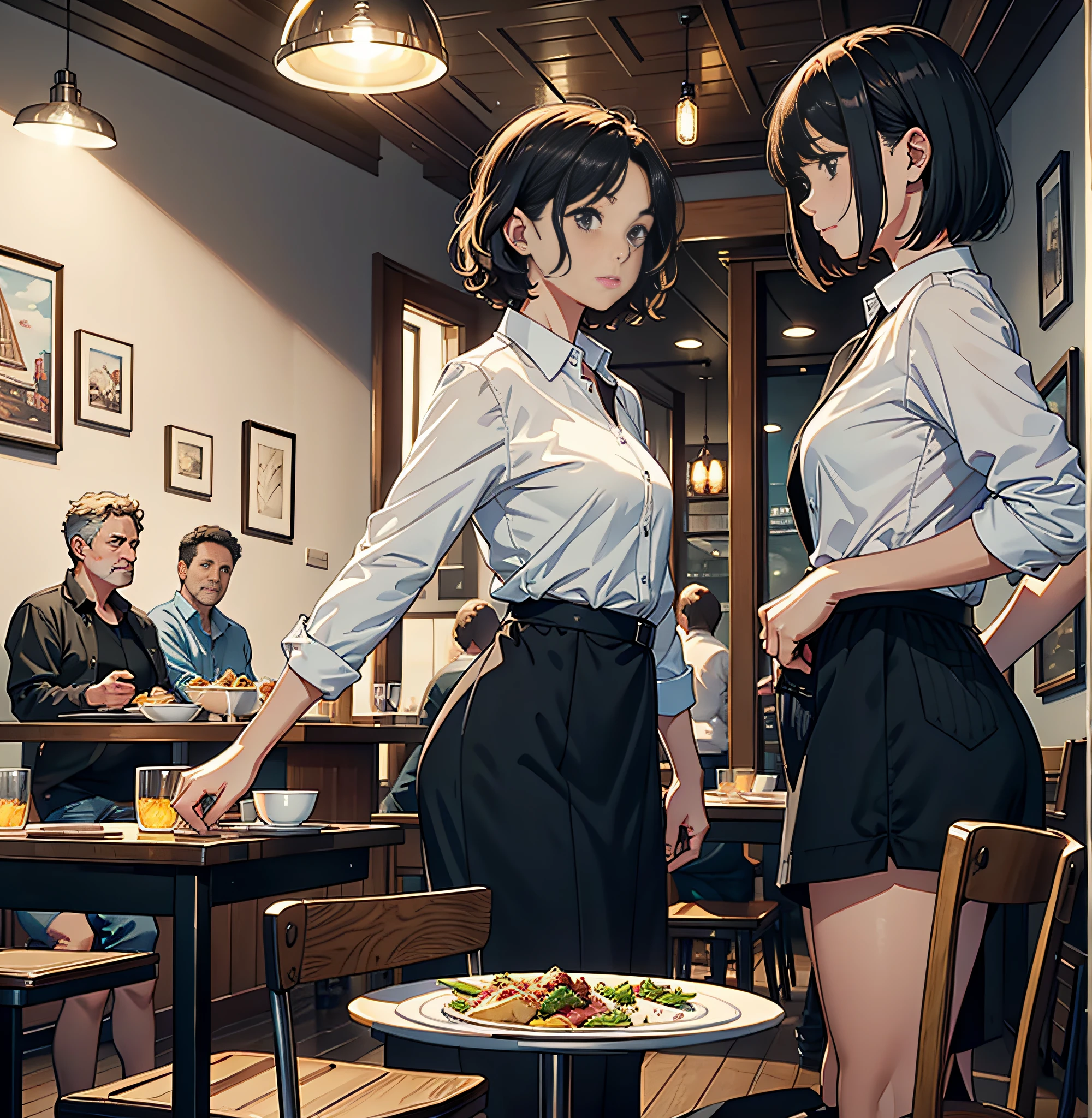 In a restaurant,A middle-aged man with short hair,A girl with medium wavy hair, Girl standing in the dining room,With a dinner plate in his hand, he looked at the middle-aged uncle,Best quality, 4K, A masterpiece