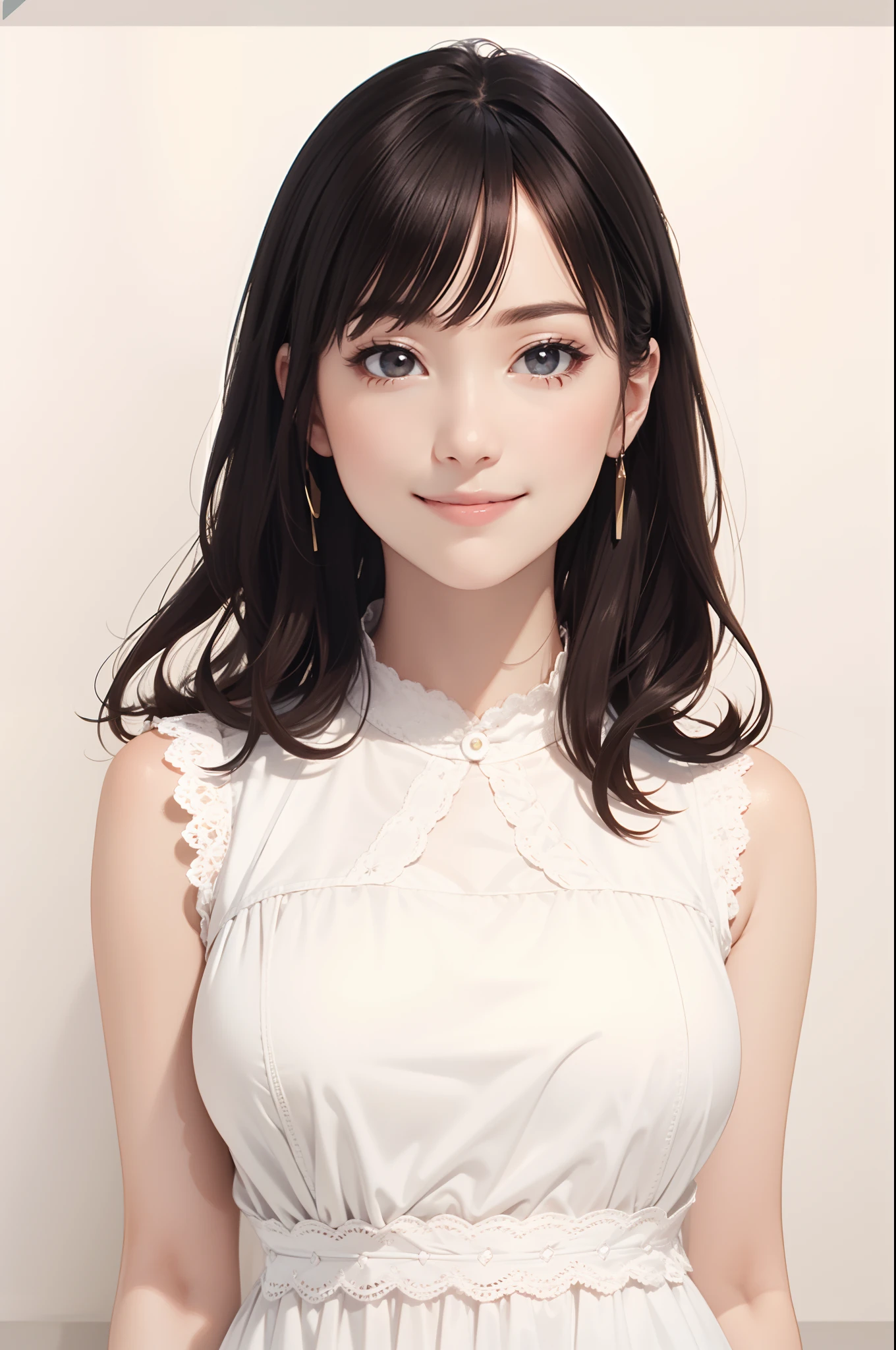 (absurderes), hight resolution, ultra-detailliert, Beautiful face, Big Breast, huge breast, Wearing a white knitting dress, (Sleeveless), Smile Face, Staring at me, Break a simple background, (Flat color)