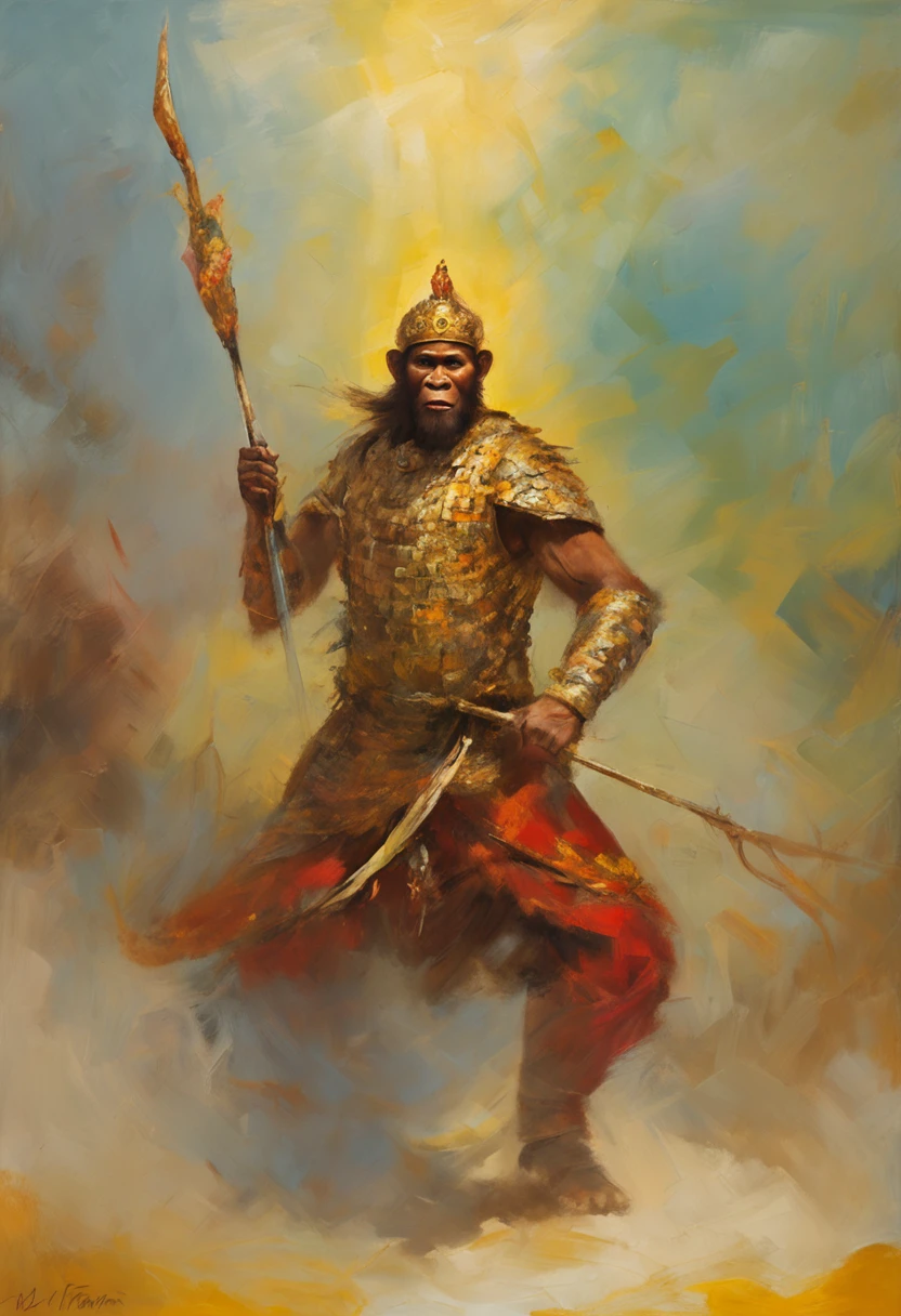 (Masterpiece, A sacred portrayal of the Monkey King:1.4), Wukong，solo, Holding a long golden stick，Wearing chain mail，Combat posture，tmasterpiece，ultraclear，UHD,extreme hight detail，The background is sky and clouds，suns，shine