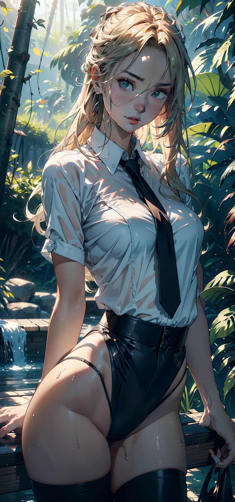 1female,41 years old,熟妇,plumw,Bigchest,Big breasts Thin waist,long leges,nice hand,Pornographic exposure, 独奏,(Background with:ln the forest,the rainforest,in summer,Water on the ground,exteriors) ,Stride,Sweat profusely,drenched all over the body,seen from the front,Blonde straight hair , The hair was long,mostly cloudy sky,(((tmasterpiece),(Very detailed CG unity 8K wallpaper),best qualtiy,cinmatic lighting,detailed back ground,beatiful detailed eyes,Bright pupils,(Very fine and beautiful),(Beautiful and detailed eye description),ultra - detailed,tmasterpiece,)),face to the viewer,frontage,A high resolution,ultra - detailed)nakeness,Wipe off panties,revealing breasts,Bare genitalia, Bulge,Camel toes,Raised sexy,Lewd expression,Flushed complexion,Open-mouthed,frontage,warrior,(Wearing:White erotic ruffled shirt,Black leather pants,black necktie)