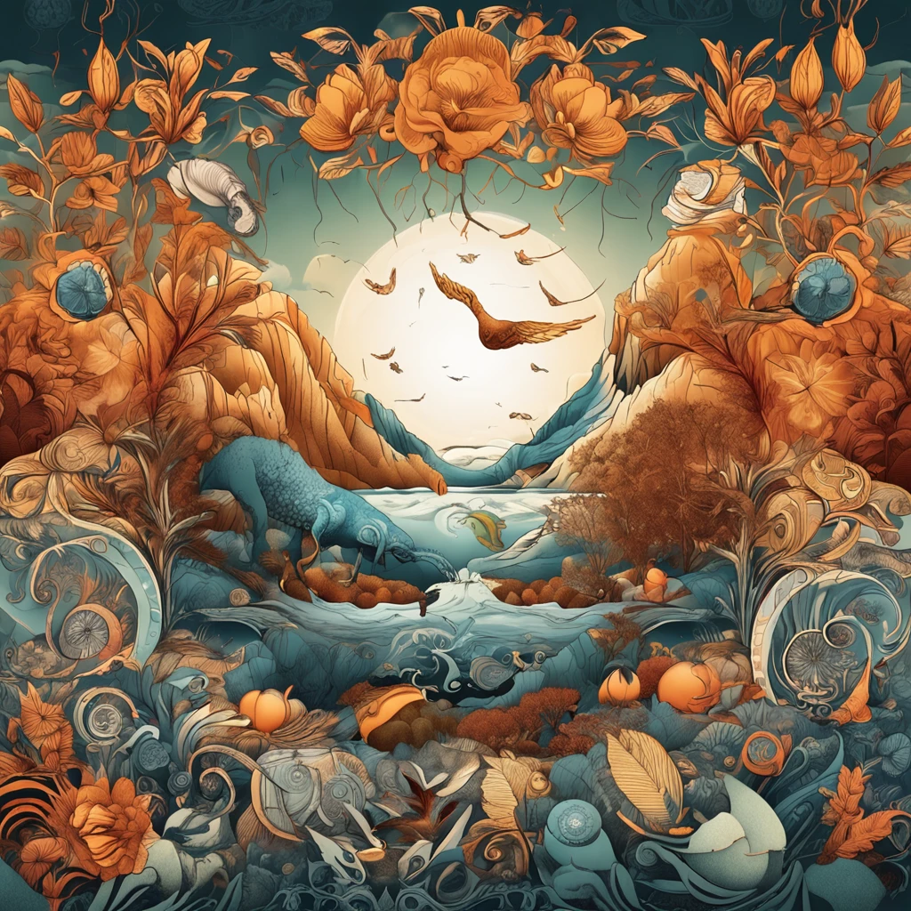 best qualtiy,daynight, yin yang, yinyang shaped, Central symmetry, representing the 4 seasons, in harmony with nature, harmony of nature,, Excellent digital art with rich details