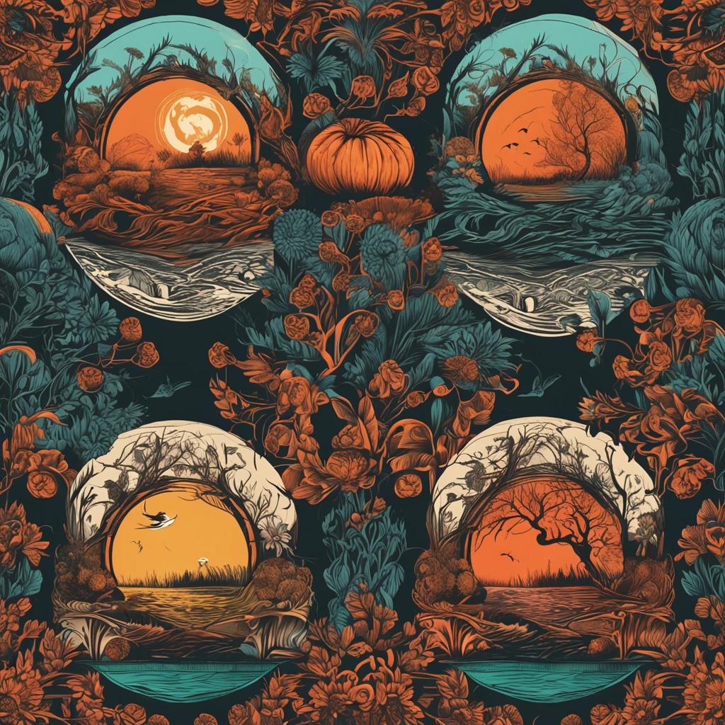 best qualtiy,daynight, yin yang, yinyang shaped, Central symmetry, representing the 4 seasons, in harmony with nature, harmony of nature,, Excellent digital art with rich details