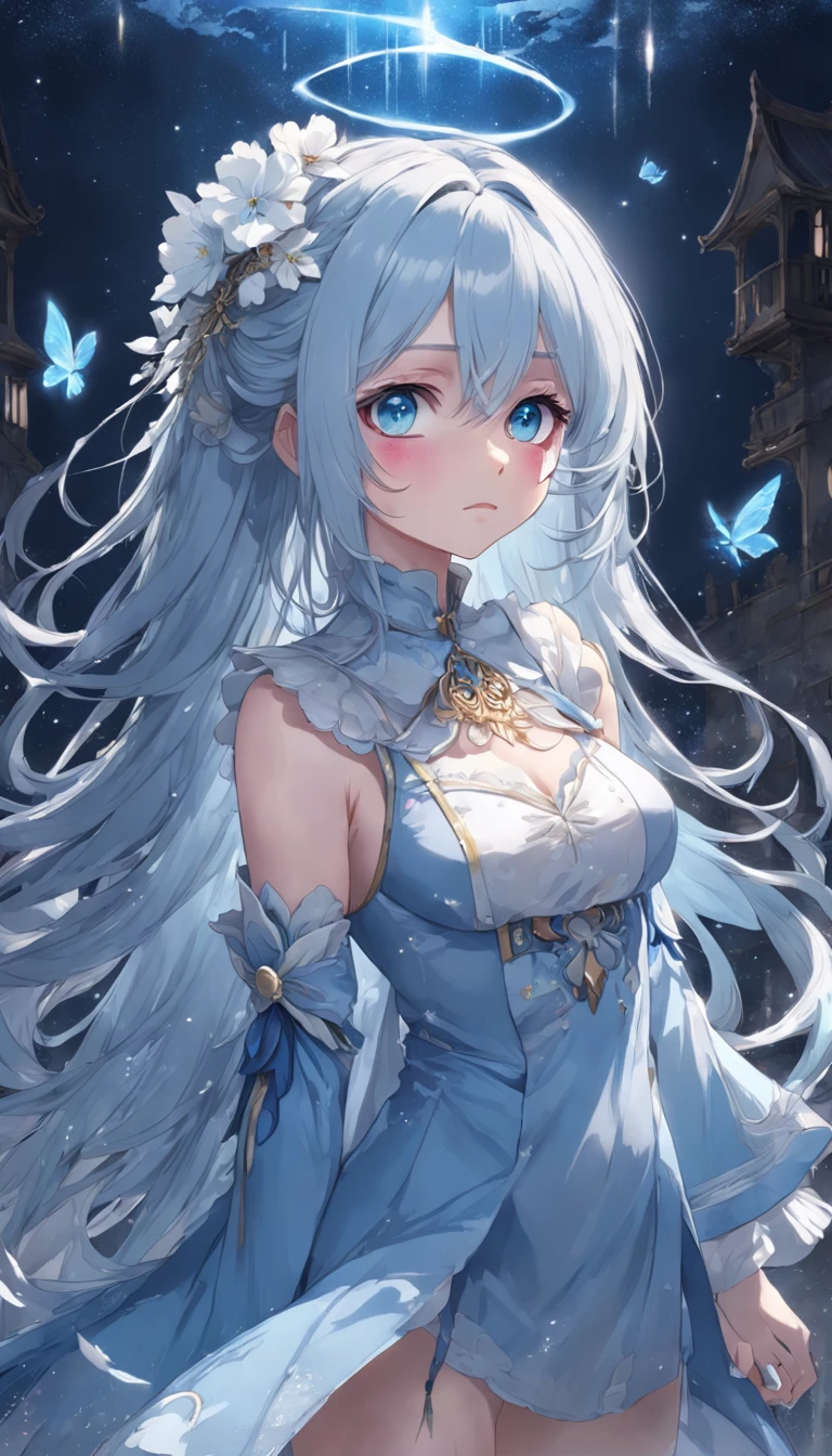 masterpiece, best quality, movie still, masterpiece, best quality, movie still, (Overhead view),dynamic angle,ultra-detailed, illustration, close-up, straight on, 1girl, (fantasy:1.4), (azure blue eyes:1.233),Her eyes shone like dreamy stars,(glowing eyes:1.233),(beautiful and detailed eyes:1.1),(Silver hair:1.14),(messy hair,very long hair,french braid,hair between eyes,sidelocks), (+(bule hair flower:1.14)),(chiffon dress,bule flower pattern in uniform)/=(military uniform:1.24),(detached sleeves,wide sleeves),(fingerless gloves),choker,(miko thighhighs),High heeled boots,(expressionless,closed mouth),(standing), (classical Princess boudoir with dressing tableand french windowin a white ancient palaces),(white flowers,bloom),(abysmal sea),(flowing water),(a dull blue world tree:1.14),(ruins),(night:1.2),dreamy,soul,(fluorescence),(flying translucent blue butterflies:1.15), [[delicate fingers and hands:0.55]::0.85],(detail fingers),(yubao:0.5),