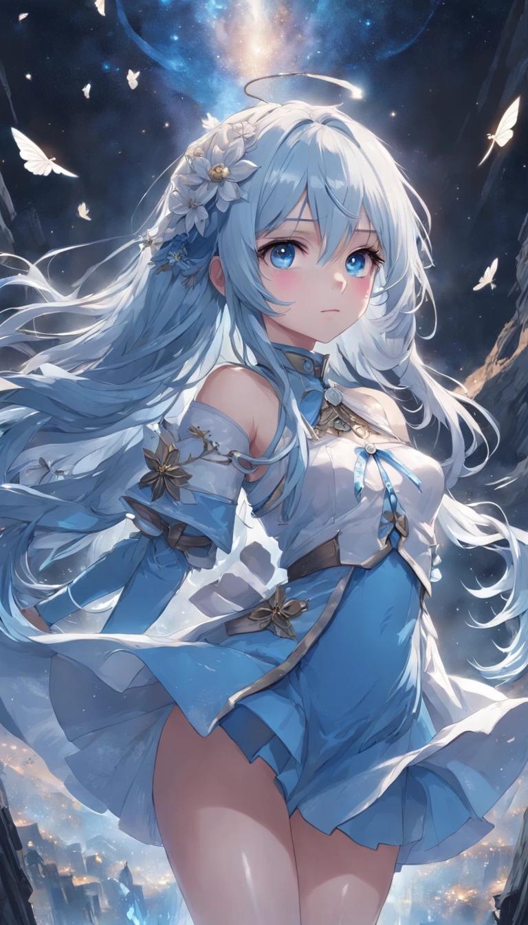 masterpiece, best quality, movie still, masterpiece, best quality, movie still, (Overhead view),dynamic angle,ultra-detailed, illustration, close-up, straight on, 1girl, (fantasy:1.4), (azure blue eyes:1.233),Her eyes shone like dreamy stars,(glowing eyes:1.233),(beautiful and detailed eyes:1.1),(Silver hair:1.14),(messy hair,very long hair,french braid,hair between eyes,sidelocks), (+(bule hair flower:1.14)),(chiffon dress,bule flower pattern in uniform)/=(military uniform:1.24),(detached sleeves,wide sleeves),(fingerless gloves),choker,(miko thighhighs),High heeled boots,(expressionless,closed mouth),(standing), (classical Princess boudoir with dressing tableand french windowin a white ancient palaces),(white flowers,bloom),(abysmal sea),(flowing water),(a dull blue world tree:1.14),(ruins),(night:1.2),dreamy,soul,(fluorescence),(flying translucent blue butterflies:1.15), [[delicate fingers and hands:0.55]::0.85],(detail fingers),(yubao:0.5),