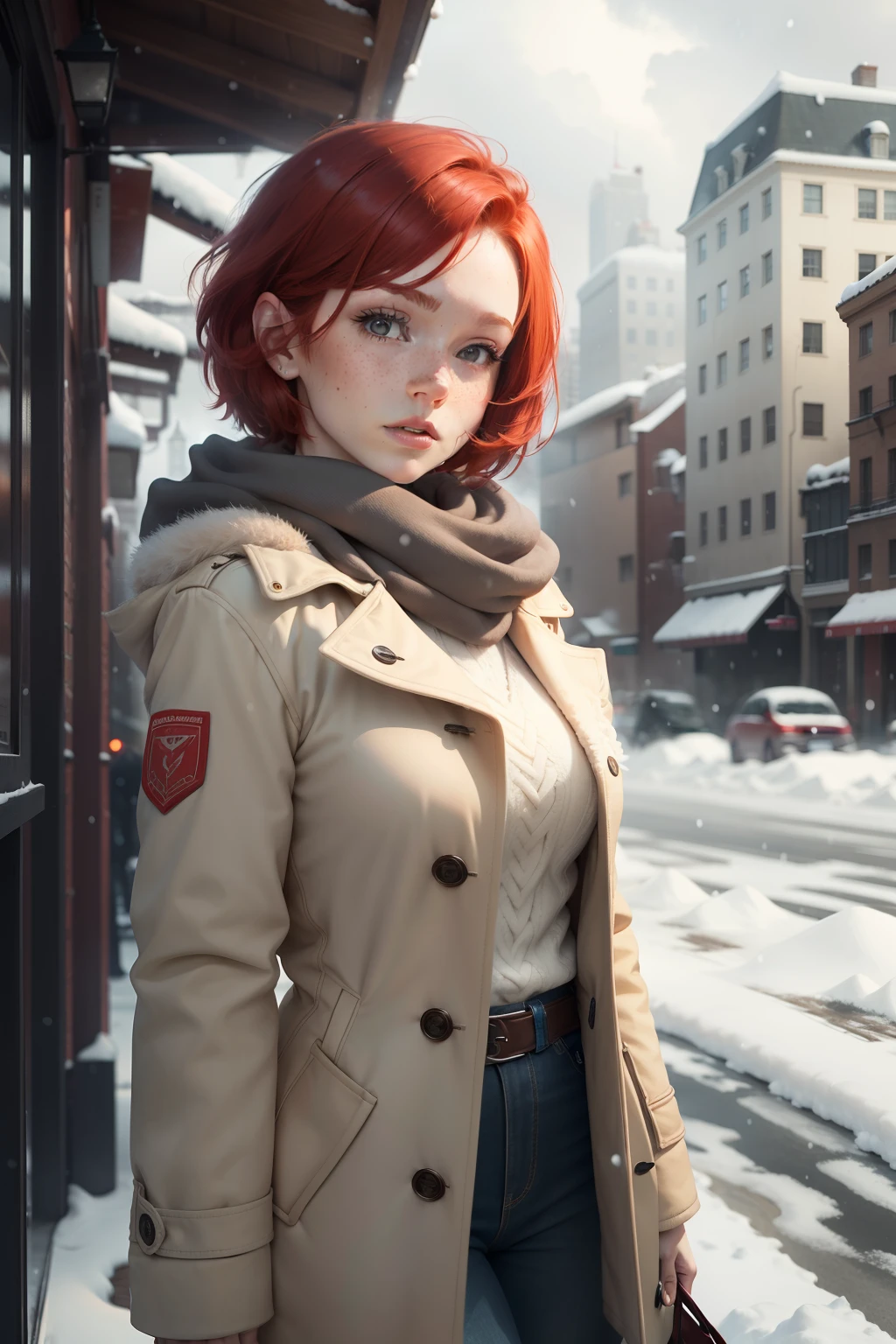 1woman, short red hair, small breast, freckles, city, winter, snow, cold, cloudy,