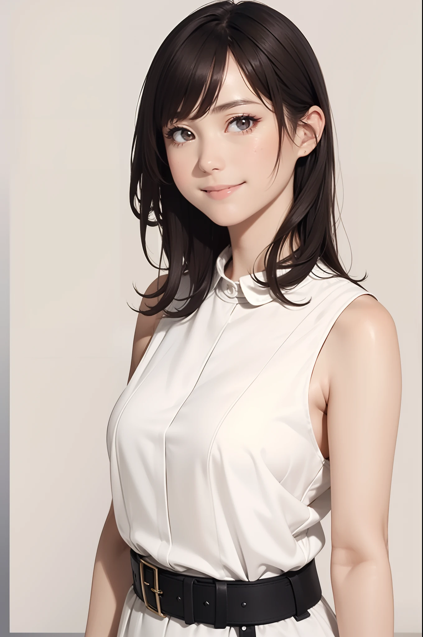 (masutepiece: 1.3), (max resolution: 1.2), (Ultra HDTV: 1.2), cinematric light, Ultra HDTV, (Detailed eyes and skin), (detailed facial features), nffsw, 8K resolution, Sharp Focus: 1.2, Beautiful face, acurate, Highly detailed face and skin texture, Detailed eyes, Brown eyes, Big Breast, Wearing a white dress, (White dress), Smile Face, Break a simple background, (Flat color), (Sleeveless), Smile Face, Staring at me, Belt around the waist