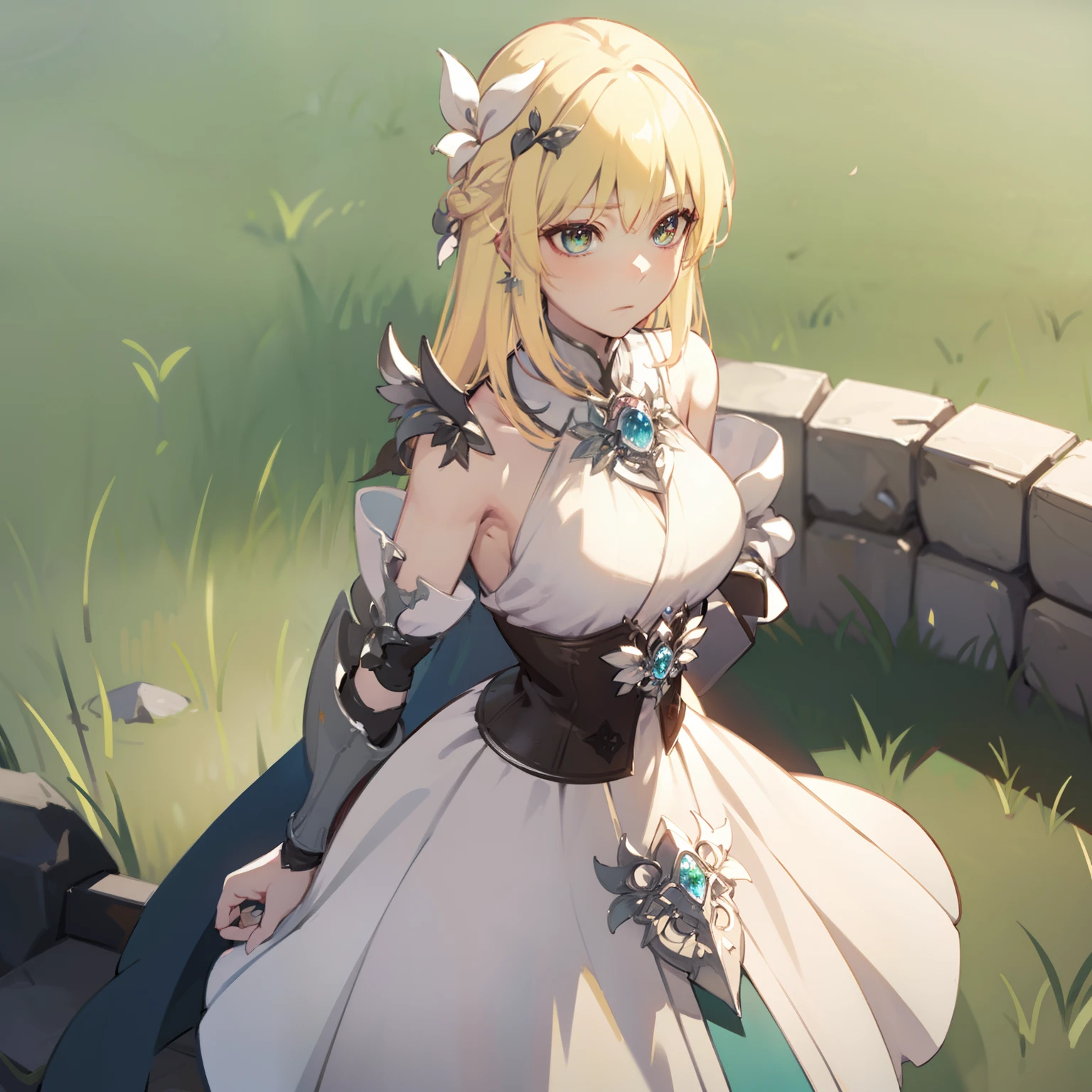 masterpiece, best quality, a woman in a white dress and a blue cape is standing, cushart krenz key art feminine, anime goddess, pixiv, pretty female cleric, digital art on pixiv, pixiv style, wlop rossdraws, alphonse mucha and rossdraws, guweiz, top rated on pixiv, rossdraws sakimimichan, ash blonde, green eyes, sun goddess, crown, no skirt, halo