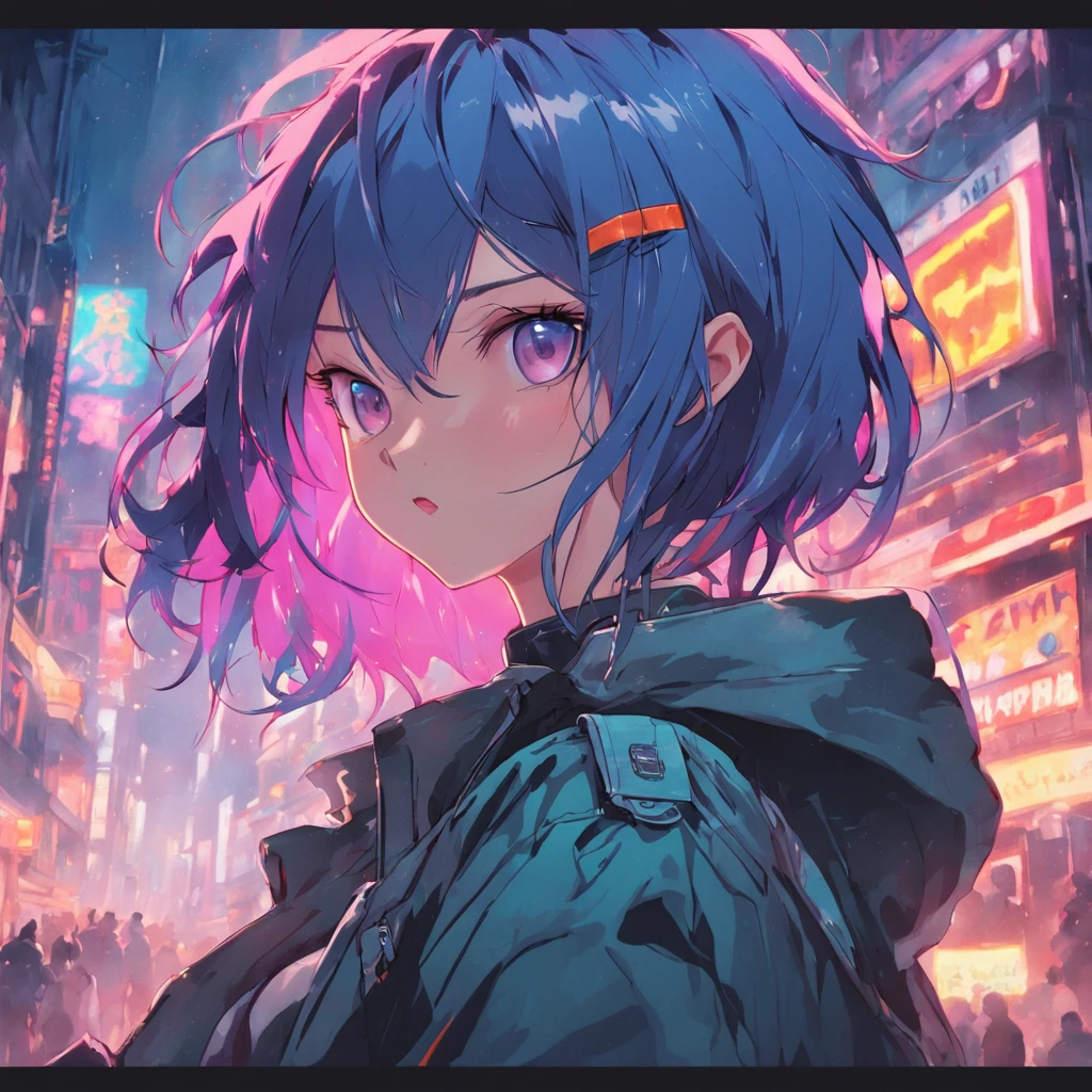 ((Best Quality)), ((Masterpiece)), ((Realistic)) and ultra-detailed photography of a 1nerdy girl with goth and neon colors. She has ((blue hair)), wears a army jacket and exudes a vibe ((beautiful and aesthetic)), sexy, underboobs, hot