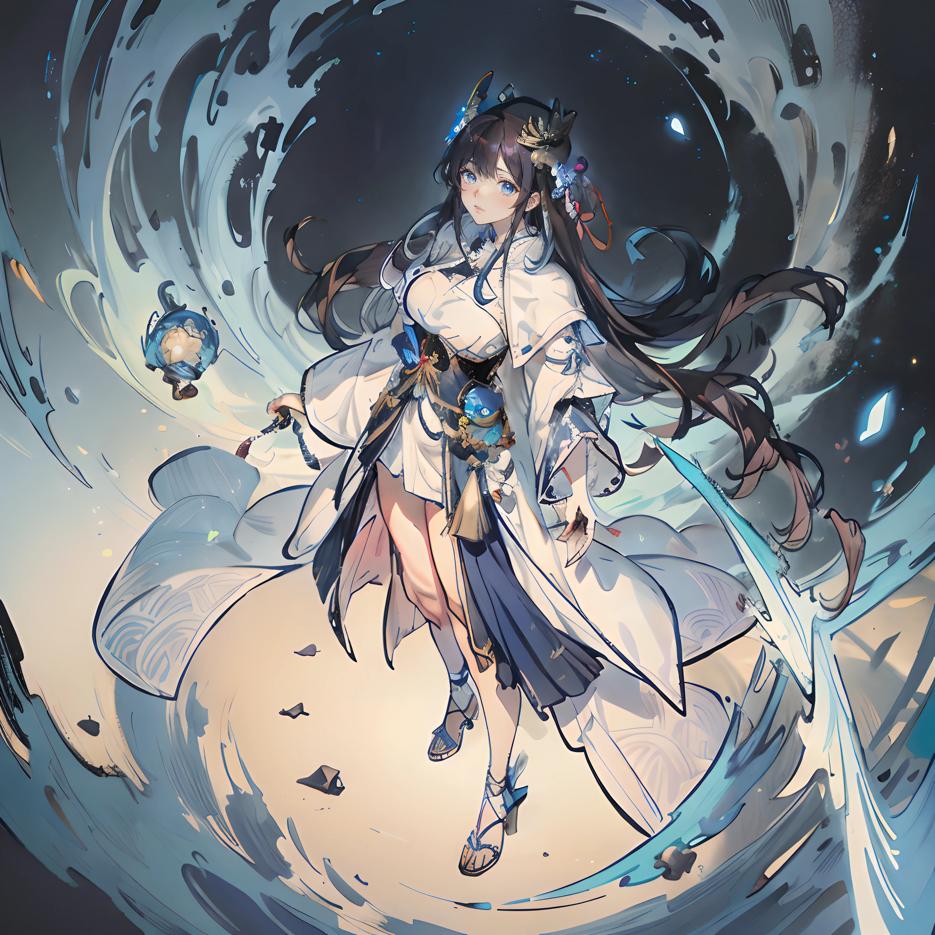 a woman in a white dress and a blue cape is standing, cushart krenz key art feminine, anime goddess, pixiv, pretty female cleric, digital art on pixiv, pixiv style, wlop rossdraws, alphonse mucha and rossdraws, guweiz, top rated on pixiv, rossdraws sakimimichan, death goddess, crown, dark clothing, intimidating