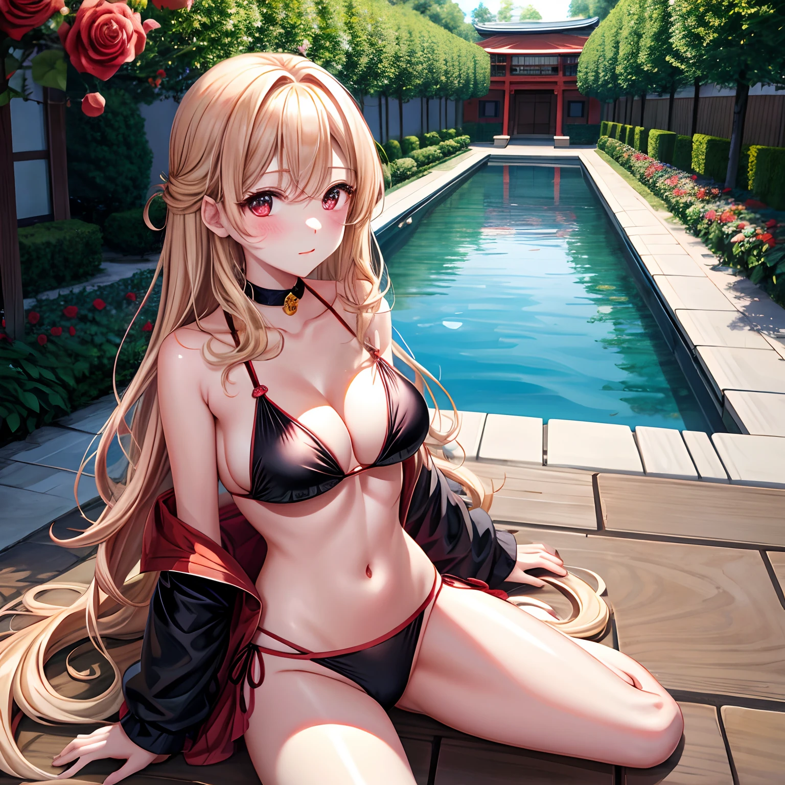 red blush、Wavy blonde hair、red eyes、Beautiful girl alone、animesque、独奏、Black Bikini、A sexy、gravure、rose garden、lonely、