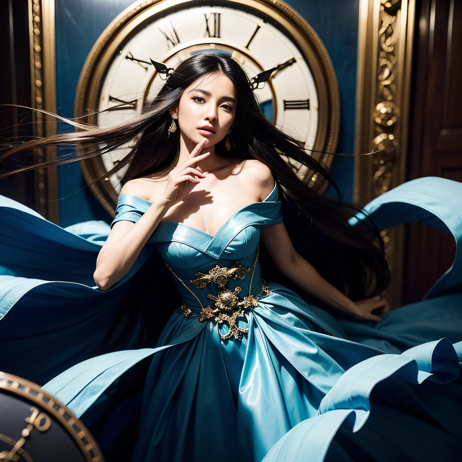 a picture、(Photorealsitic:1.4)、(hyper realisitic:1.4)、(Cinematic:1.5)、Woman in her 20s、独奏、cabelos preto e longos、(beautiful and delicate face)、High-quality eyes、Blue Dress、Hair that flutters in the wind、Memory persistence、Dalí's Clock、