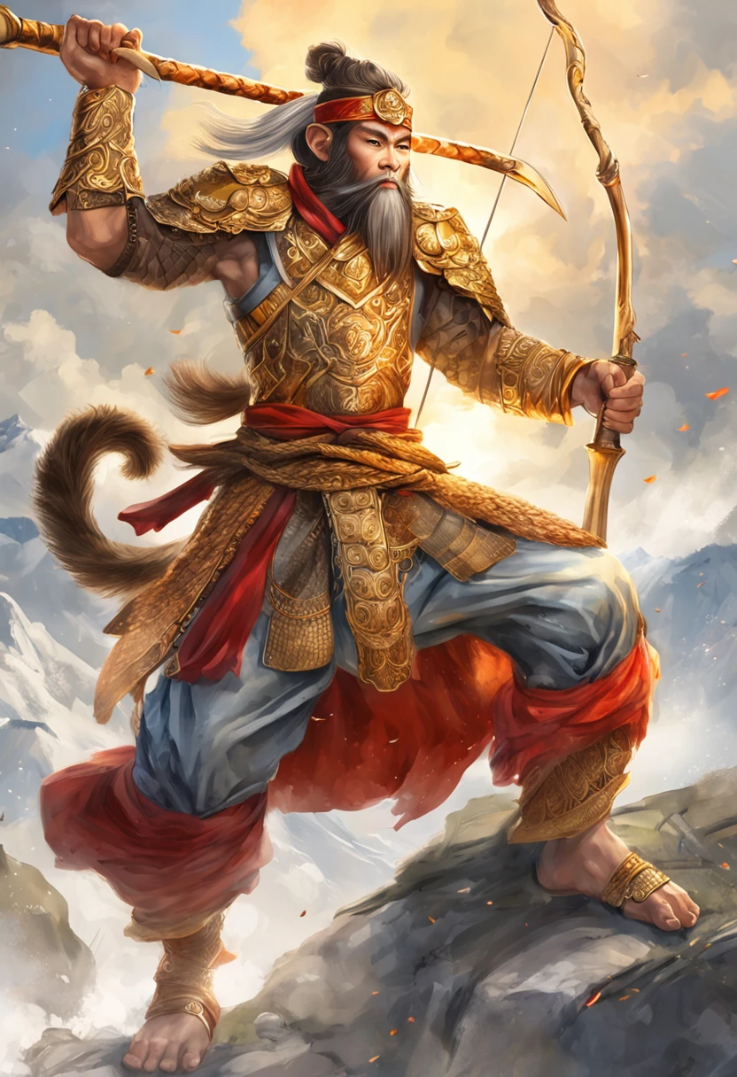 (Masterpiece, A sacred portrayal of the Monkey King:1.4), Wukong，solo, Holding a long golden stick，Wearing chain mail，Combat posture，tmasterpiece，ultraclear，UHD,extreme hight detail，The background is sky and clouds，suns，shine