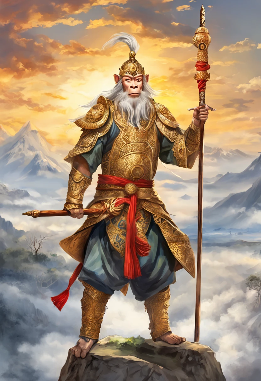 (Masterpiece, A sacred portrayal of the Monkey King:1.4), Wukong,solo, Holding a long golden stick,Wearing chain mail,Combat posture,tmasterpiece,ultraclear,UHD,extreme hight detail,The background is sky and clouds,suns,shine