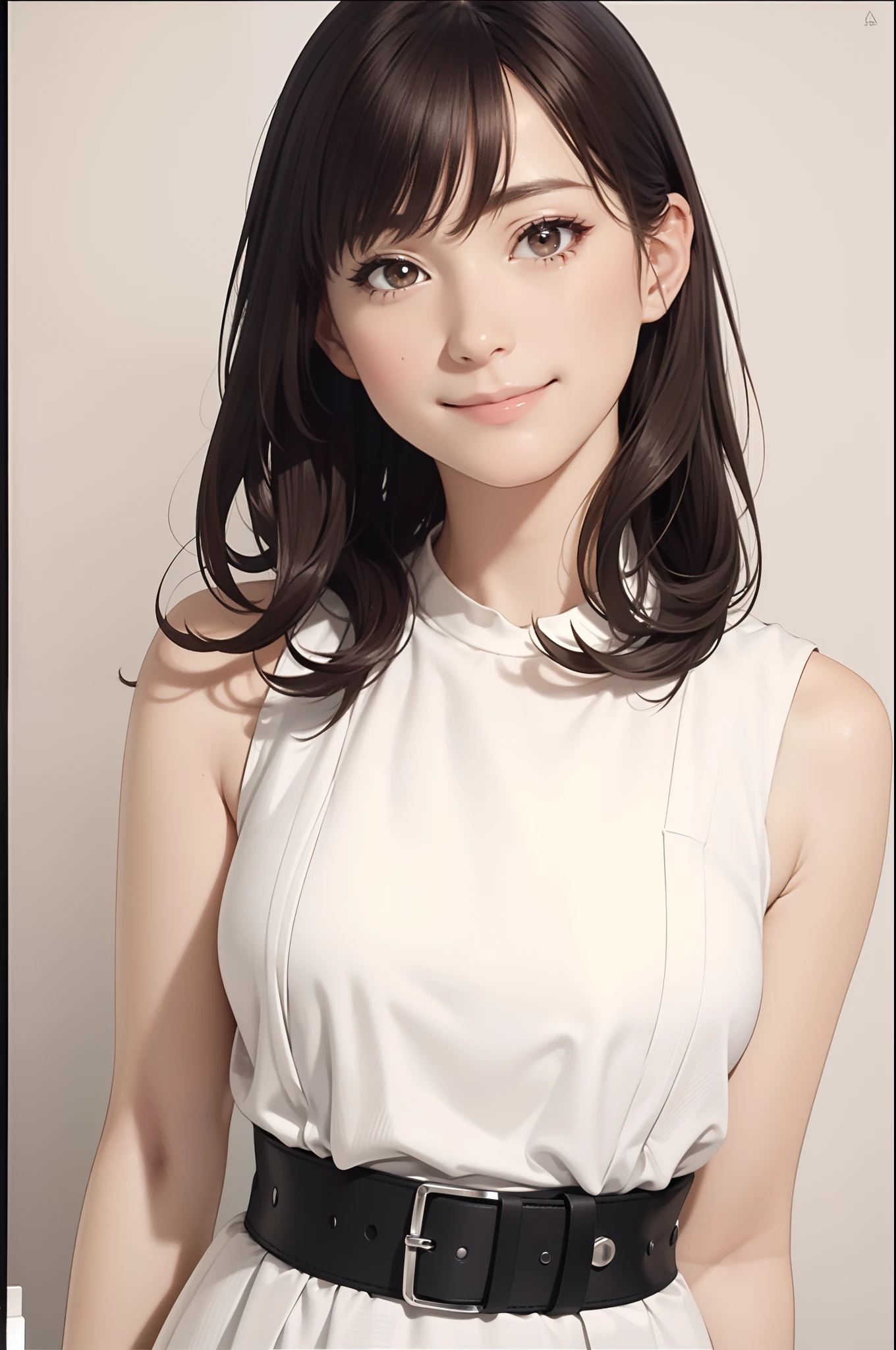 (masutepiece: 1.3), (max resolution: 1.2), (Ultra HDTV: 1.2), cinematric light, Ultra HDTV, (Detailed eyes and skin), (detailed facial features), nffsw, 8K resolution, Sharp Focus: 1.2, Beautiful face, acurate, Highly detailed face and skin texture, Detailed eyes, Brown eyes, Big Breast, Wearing a white dress, (White dress), Smile Face, Break a simple background, (Flat color), (Sleeveless), Smile Face, Staring at me, Belt around the waist