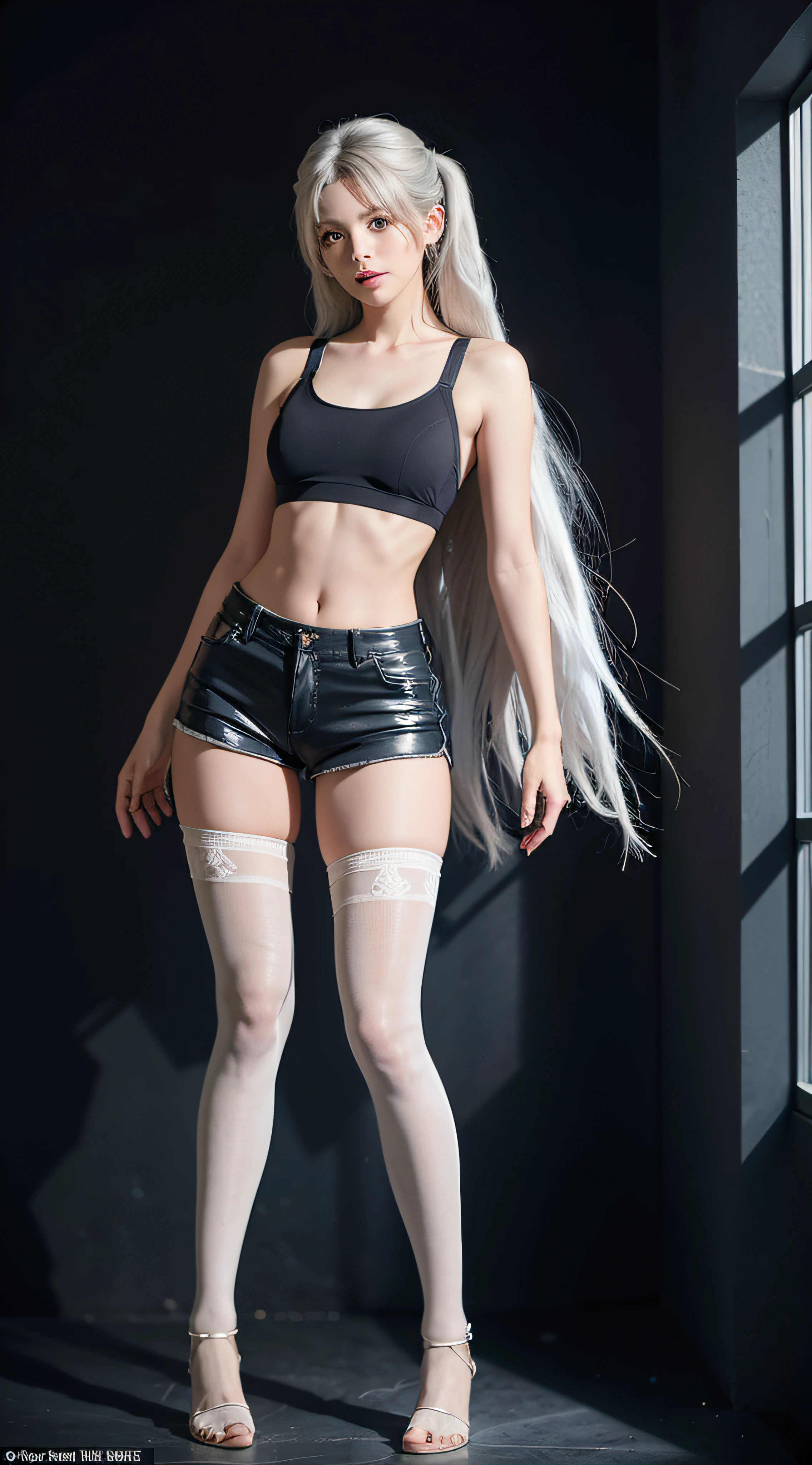 (front focus), (in the dark: 1.6), surrealistic female portraits by David Hockney and Alphonse Mucha, fantasy art, photorealism, dynamic lighting, artstation, poster, volumetric lighting, very detailed faces, 4 k, pantyhose, shorts, 1girl, in the dark, deep shadow, low key, cowboy shot, (official uniform: 1.4), long hair, gray hair, beauty, ((clothes damaged)), ((((Shy))),(Legs apart)))), ((Sports Bra)), (Shorts), Full Body Drawing, Ultra Detailed, Master Artwork, Highest Quality, 8K Resolution, (Fine Details), ((Extreme Color))), Beautiful Eyes ((Two Side Up), (Detailed Picture Section), White Stockings Strangle, ((Long White Hair, Messy))
