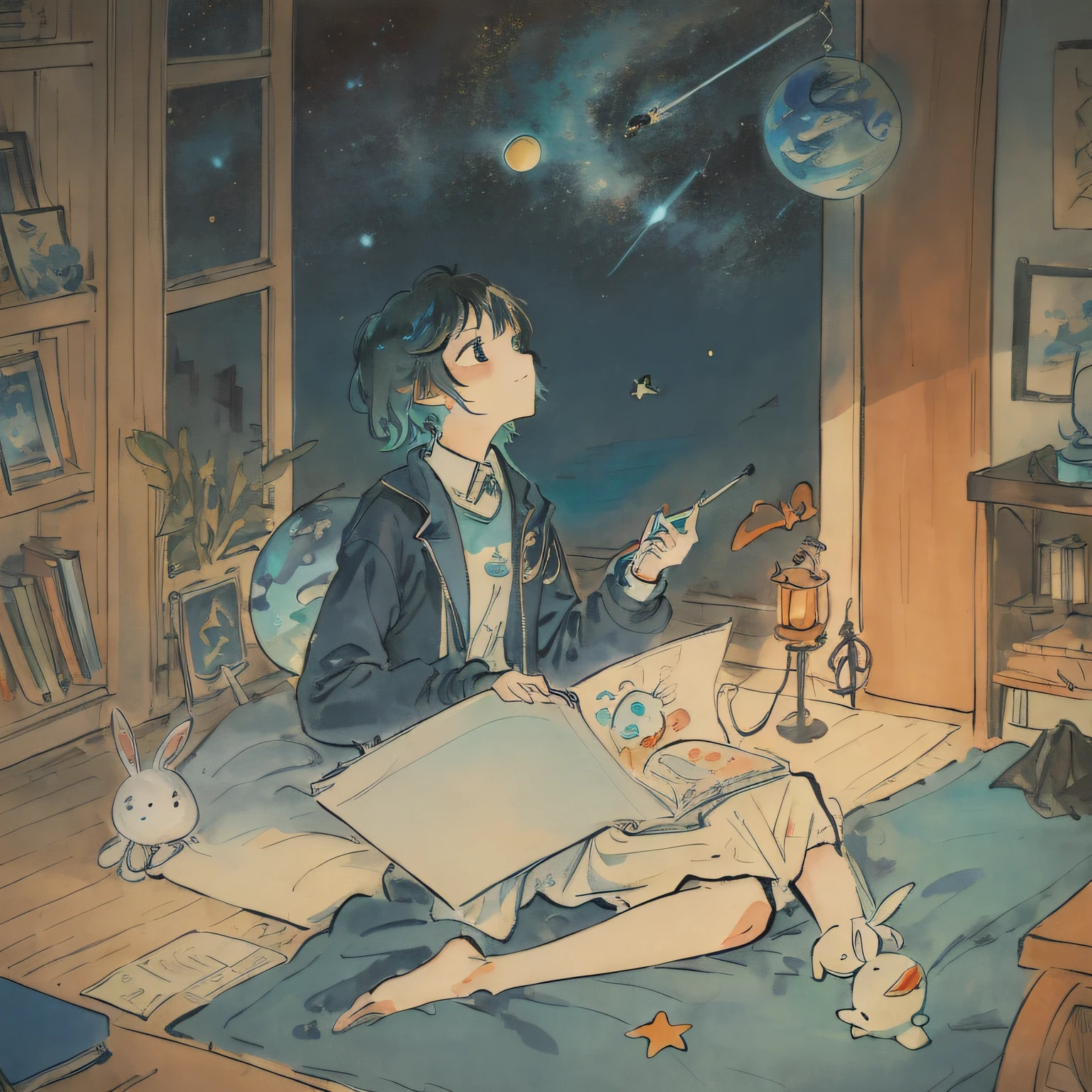 ((masterpiece)), (((best quality))), ((ultra-detailed)), ((illustration)), 1girl,,aqua theme,black hair,blinking,blue jacket,book,bookshelf,closed mouth,color edtips,constel lation,flat color,holding,holding wand,jacket,looking up,lying,malefocus,multicolored hair,noline art,orange hair,orbital path,planet,shirt,short hair,sitting,solo,space,spacestation,spacecraft interior,starwand,stuffedanima,stuffed bunny,stuffed toy,tele scope,utaite(singer),wand1,whitefootwear,whiteshirt