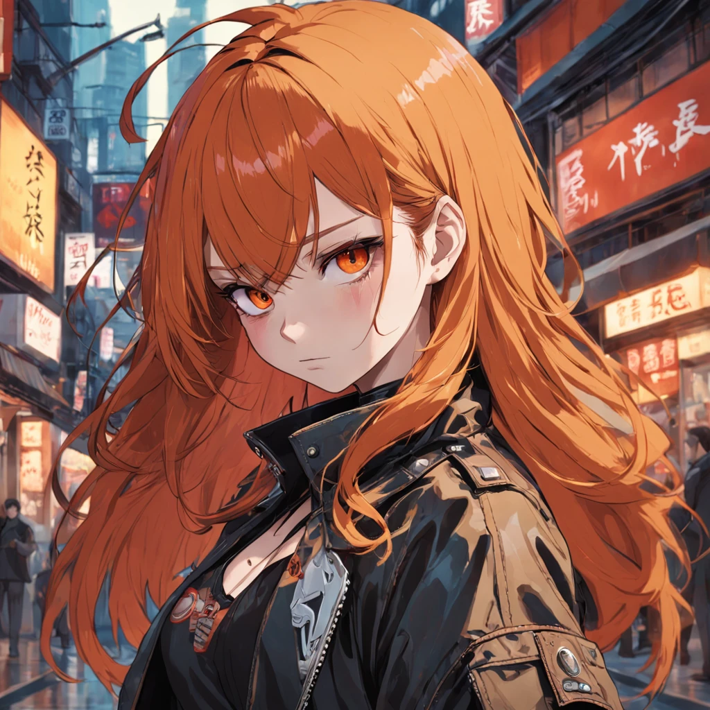 a beautiful woman with voluminous orange-brown long hair, featuring well-defined and deep facial features, her eyes emanate a resolute gaze, she is dressed in a form-fitting leather jacket and pants in shades of dark red and dark yellow, layered over her attire is a loose oversized trench coat, her movements convey an air of restlessness and unease, the character design portrays a punk-style character with a Japanese anime design, the artwork features finely detailed character design, showcasing a mature Japanese manga artistic style, ((character concept art)), high definition, best quality, ultra-detailed, extremely delicate, anatomically correct, symmetrical face, extremely detailed eyes and face, high quality eyes, creativity, RAW photo, UHD, 8k, (Natural light, professional lighting:1.2, cinematic lighting:1.5, best shadow), (masterpiece:1.5)