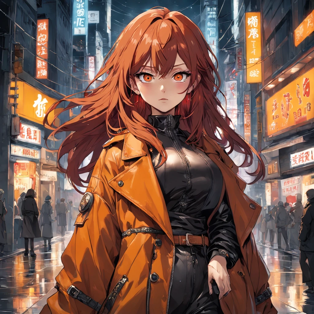 a beautiful woman with voluminous orange-brown long hair, featuring well-defined and deep facial features, her eyes emanate a resolute gaze, she is dressed in a form-fitting leather jacket and pants in shades of dark red and dark yellow, layered over her attire is a loose oversized trench coat, her movements convey an air of restlessness and unease, the character design portrays a punk-style character with a Japanese anime design, the artwork features finely detailed character design, showcasing a mature Japanese manga artistic style, ((character concept art)), high definition, best quality, ultra-detailed, extremely delicate, anatomically correct, symmetrical face, extremely detailed eyes and face, high quality eyes, creativity, RAW photo, UHD, 8k, (Natural light, professional lighting:1.2, cinematic lighting:1.5, best shadow), (masterpiece:1.5)