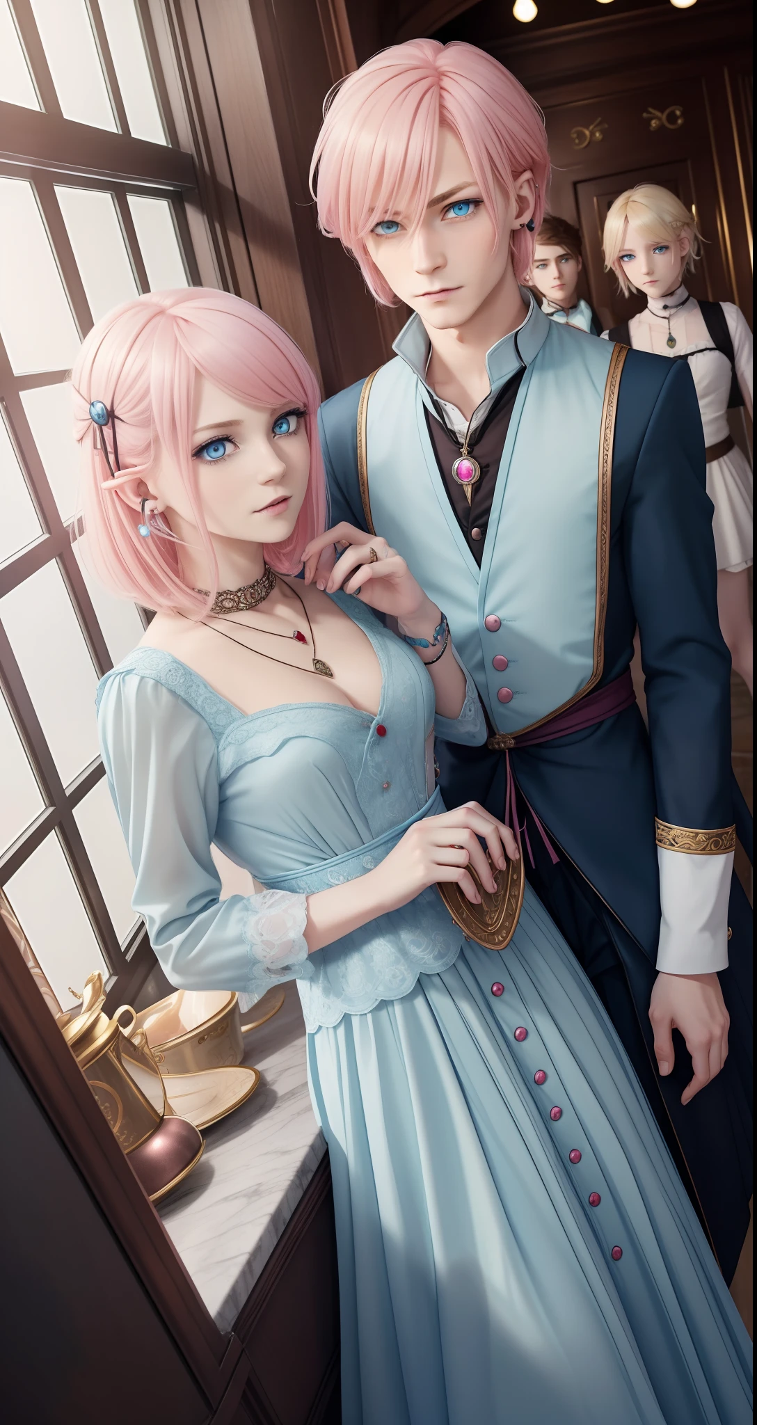 masterpiece, top-quality, 2Others, ((Family of 4 people)), Adults, Height difference, different color, finely eye and detailed face, intricate detailes, Wizarding World Costumes, Inside the coffee shop, During the walk, A smile, Happiness, tenderness, youthfulness, high-level image quality、 Beautiful men and women、tall、window、𝓡𝓸𝓶𝓪𝓷𝓽𝓲𝓬、British men, Idol Photos, k pop, Professional Photos, ((Vampire Man and Witch)), Fedoman with necklace, inspired by Sim Sa-jeong, androgynous vampire, :9 detailed face: 8, extra detailed face, detailed punk hair, ((Light blue eyes)) baggy eyes, Seductive. Highly detailed, semi realistic anime, Vampires, hyperrealistic , delicate androgynous prince, imvu, short hair above the ears, Man with short hair, Woman with long hair, With a man with a glaring expression, Gentle smiling woman, ((Little Englishboy with short pink hair and light blue eyes)), ((Prince with short blonde hair and light blue eyes)), ((Queen with slightly longer pink hair and light blue eyes)), ((Girl with rather long blonde hair and light blue eyes)), ((Family Photography)), ((4 people are taking pictures)), ((Group photo of 4 people)), ((Family of 4 people)), ((Only 4 people)), ((2 children and 2 adults))