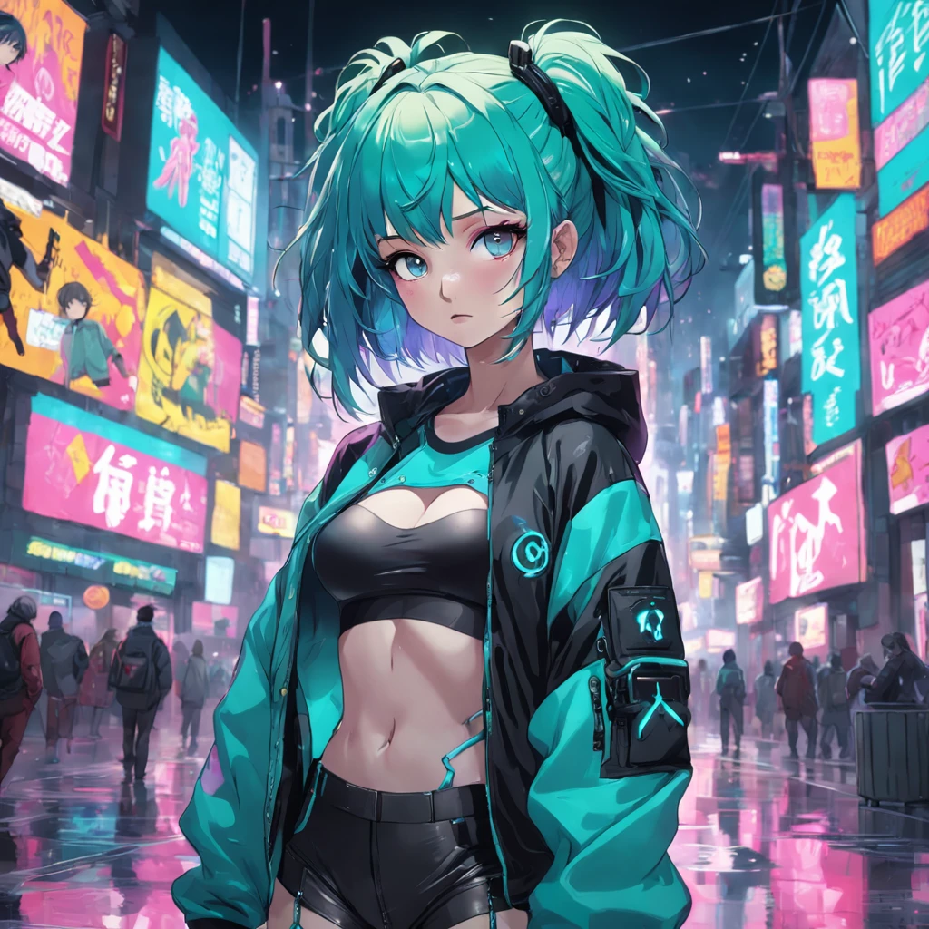 ((Best Quality)), ((Masterpiece)), ((Realistic)) and ultra-detailed photography of a 1nerdy girl with goth and neon colors. She has ((turquoise hair)), wears a techwear jacket and exudes a vibe ((beautiful and aesthetic)), sexy, underboobs, hot
