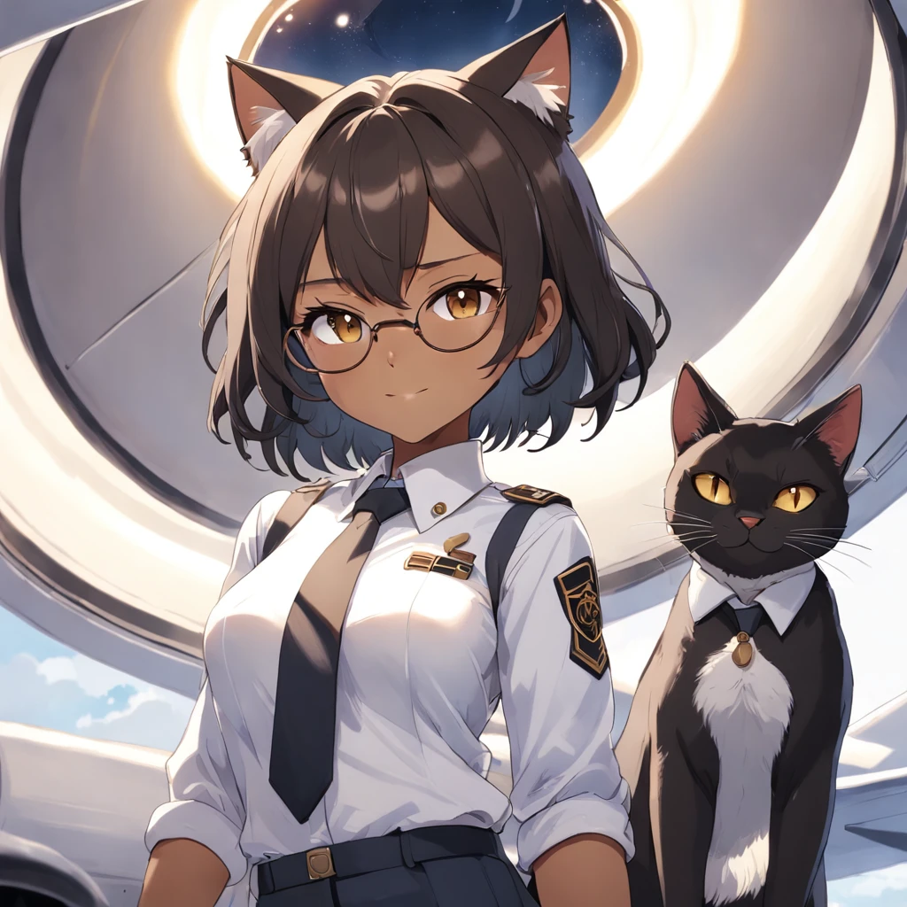 1girl, short black bob hair, yellow eyes, Round glasses, tan skin,dark skin ,BROWN SKIN, SHE HAS LIGHT BROWN SKIN, petite body, wearing plain white formal work shirt, wearing long black pants, business tie, absurdres, high res, ultrasharp, 8k, masterpiece, looking at viewer, cat ears, airline pilot uniform, airline pilot hat, white background, short sleeve, bangs, flat chest, whiskers, androgynous, she has cat ears on her head, she has cat teeth, cloudy background, holding pet black cat, smiling