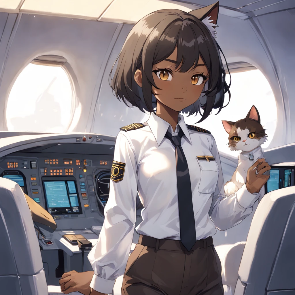 1girl, short black bob hair, yellow eyes, Round glasses, tan skin,dark skin ,BROWN SKIN, SHE HAS LIGHT BROWN SKIN, petite body, wearing plain white formal work shirt, wearing long black pants, business tie, absurdres, high res, ultrasharp, 8k, masterpiece, looking at viewer, cat ears, airline pilot uniform, airline pilot hat, white background, short sleeve, bangs, flat chest, whiskers, androgynous, she has cat ears on her head, she has cat teeth, cloudy background, holding pet black cat, smiling