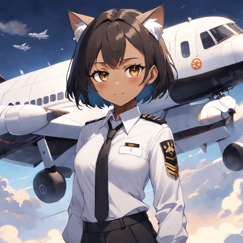1girl, short black bob hair, yellow eyes, Round glasses, tan skin,dark skin ,BROWN SKIN, SHE HAS LIGHT BROWN SKIN, ite body, wearing plain white formal work shirt, wearing long black pants, business tie, absurdres, high res, ultrasharp, 8k, masterpiece, looking at viewer, cat ears, airline pilot uniform, airline pilot hat, white background, short sleeve, bangs, flat chest, whiskers, androgynous, she has cat ears on her head, she has cat teeth, cloudy background, holding pet black cat, smiling