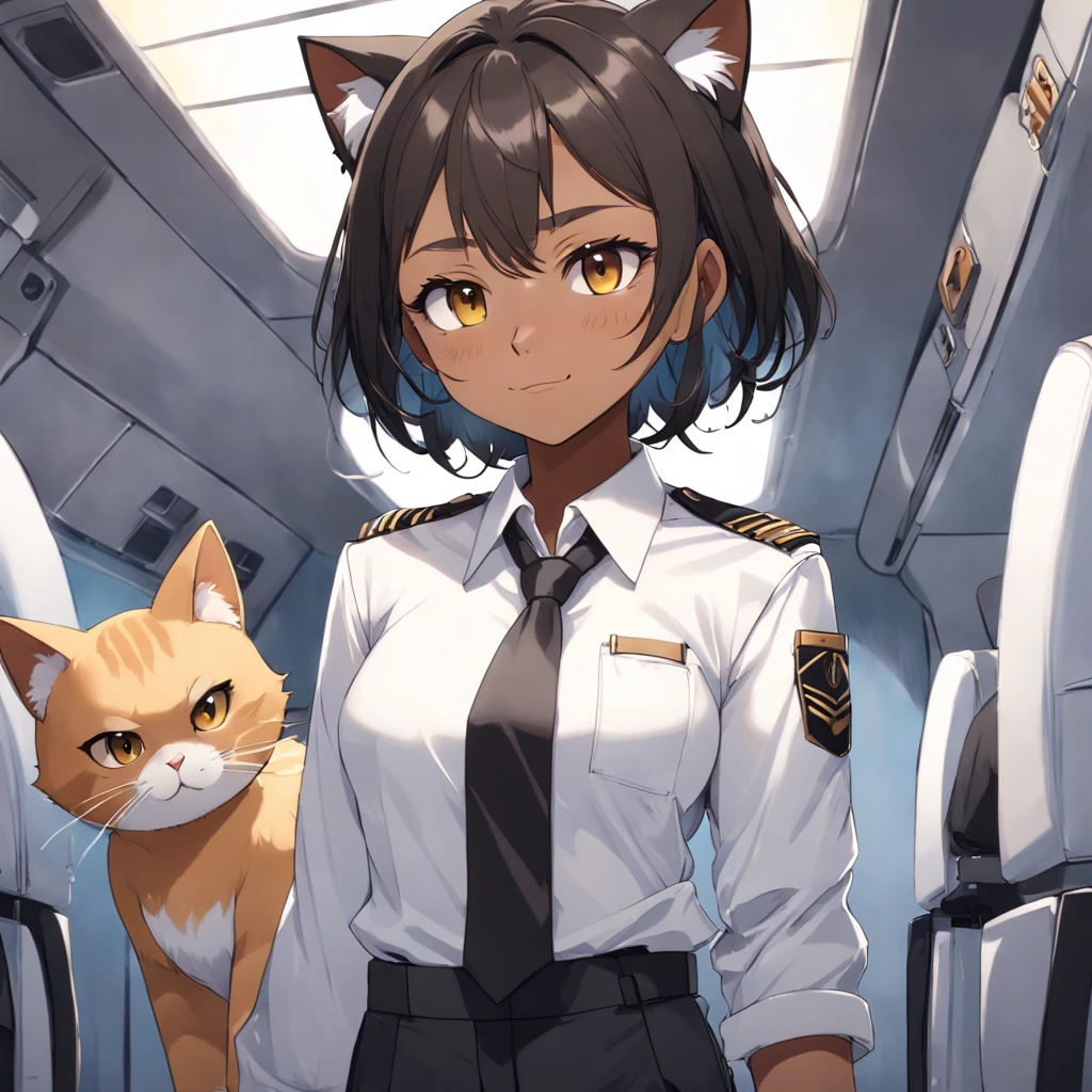 1girl, short black bob hair, yellow eyes, Round glasses, tan skin,dark skin ,BROWN SKIN, SHE HAS LIGHT BROWN SKIN, ite body, wearing plain white formal work shirt, wearing long black pants, business tie, absurdres, high res, ultrasharp, 8k, masterpiece, looking at viewer, cat ears, airline pilot uniform, airline pilot hat, white background, short sleeve, bangs, flat chest, whiskers, androgynous, she has cat ears on her head, she has cat teeth, cloudy background, holding pet black cat, smiling