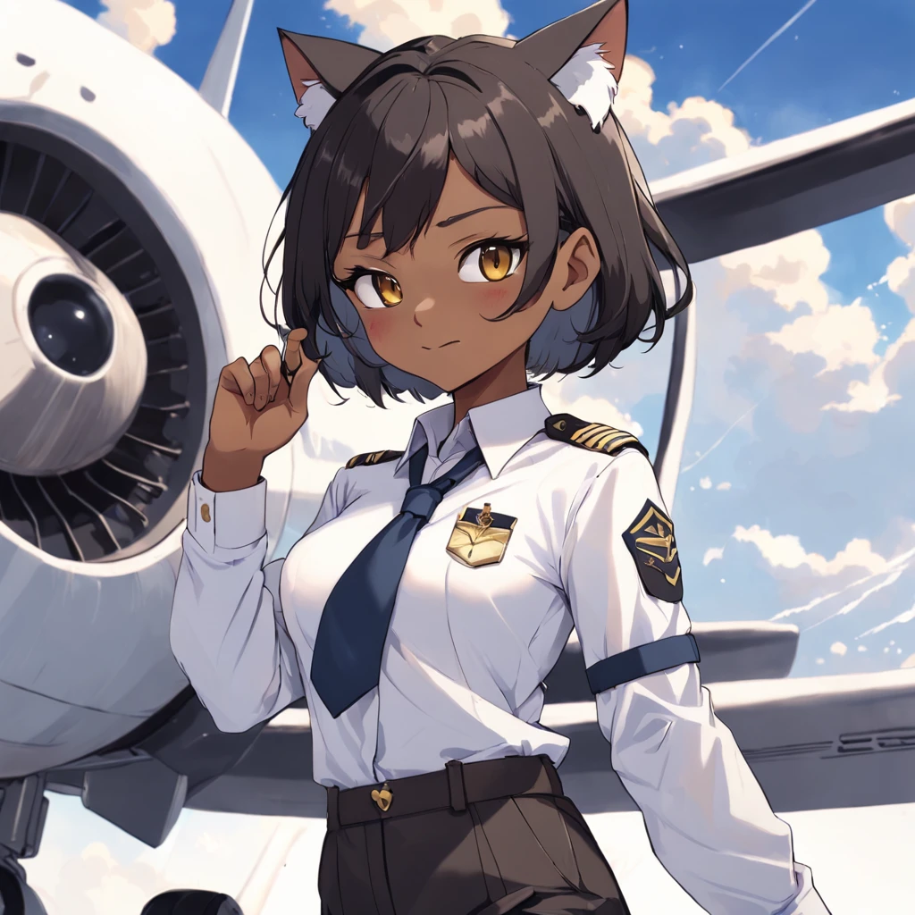 1girl, short black bob hair, yellow eyes, Round glasses, tan skin,dark skin ,BROWN SKIN, SHE HAS LIGHT BROWN SKIN, petite body, wearing plain white formal work shirt, wearing long black pants, business tie, absurdres, high res, ultrasharp, 8k, masterpiece, looking at viewer, cat ears, airline pilot uniform, airline pilot hat, white background, short sleeve, bangs, flat chest, whiskers, androgynous, she has cat ears on her head, she has cat teeth, cloudy background, holding pet black cat, smiling