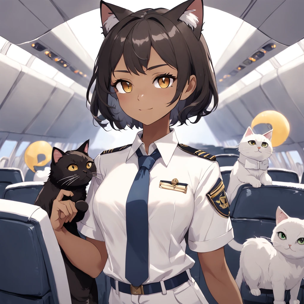 1girl, short black bob hair, yellow eyes, Round glasses, tan skin,dark skin ,BROWN SKIN, SHE HAS LIGHT BROWN SKIN, petite body, wearing plain white formal work shirt, wearing long black pants, business tie, absurdres, high res, ultrasharp, 8k, masterpiece, looking at viewer, cat ears, airline pilot uniform, airline pilot hat, white background, short sleeve, bangs, flat chest, whiskers, androgynous, she has cat ears on her head, she has cat teeth, cloudy background, holding pet black cat, smiling