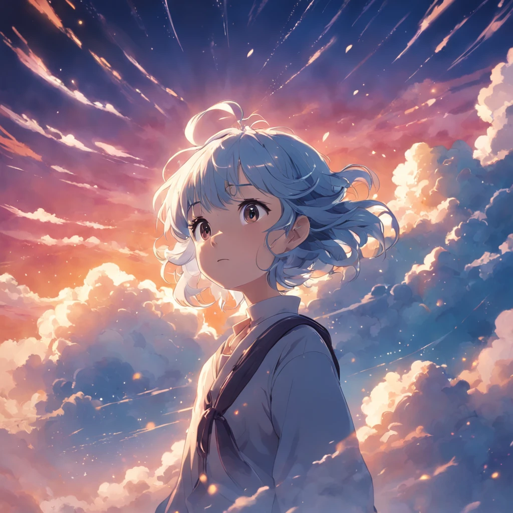 Masterpiece, Best Quality, Movie Stills, 1girl, Cloud Boy, Floating in the Sky, Close-up, Bright, Happy, Warm Soft Lights, Sunset, (Sparkle: 0.7)