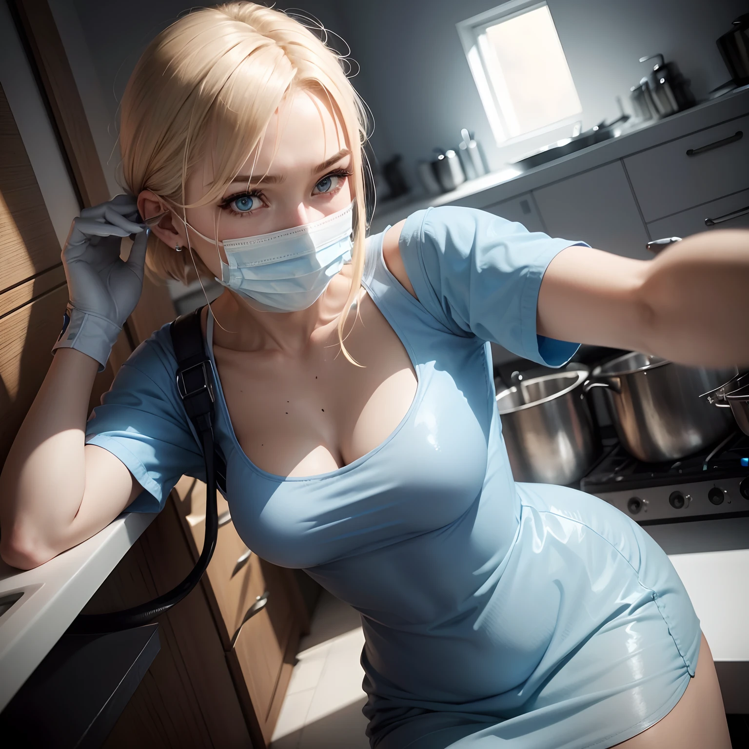 norwegian woman、20yr old、Human skin feel、Realistic Woman、OL、Light blue lingerie、Stockings、Solo Shot、short-cut、a blond、surgical mask、rubber glove、a bed