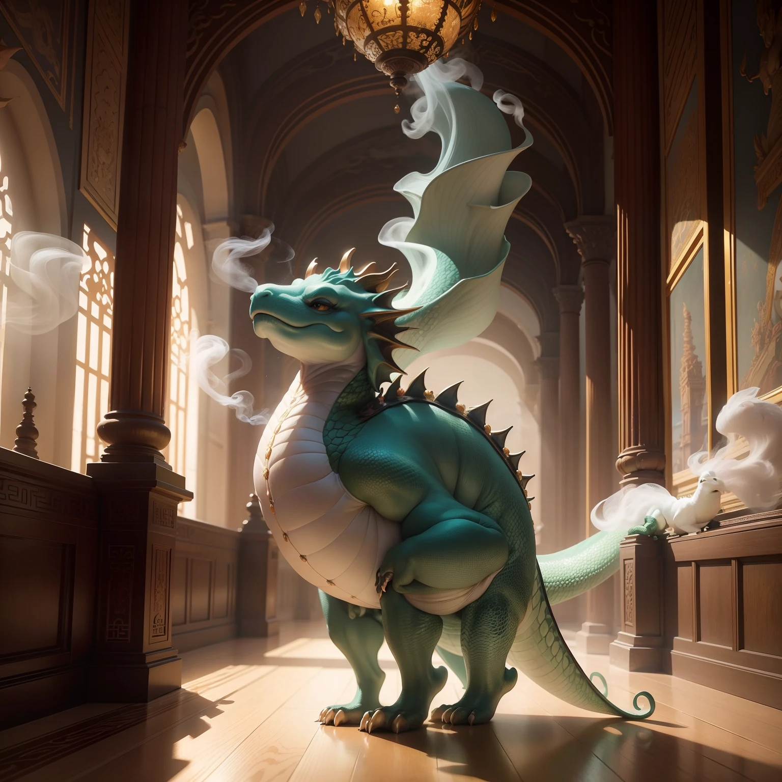 Stroll through the Queen's Palace,Curvaceous posture,Like a genie。The baby dragon stood lifelike on the Empress's shoulders,In exuberant spirits。A palace scene surrounded by smoke。